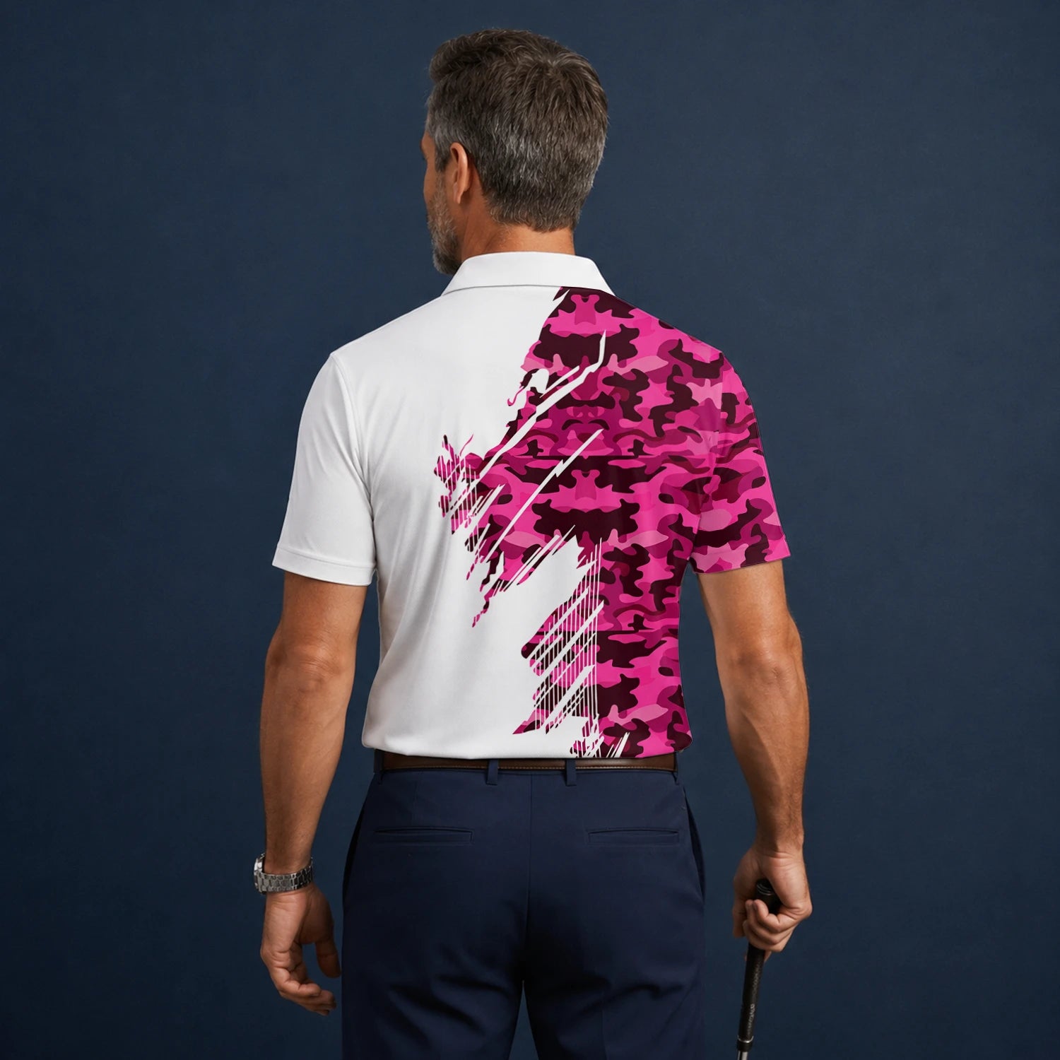 Personalised White Pink Camo Brush Stroke Golf Polo Shirt For Men S6501