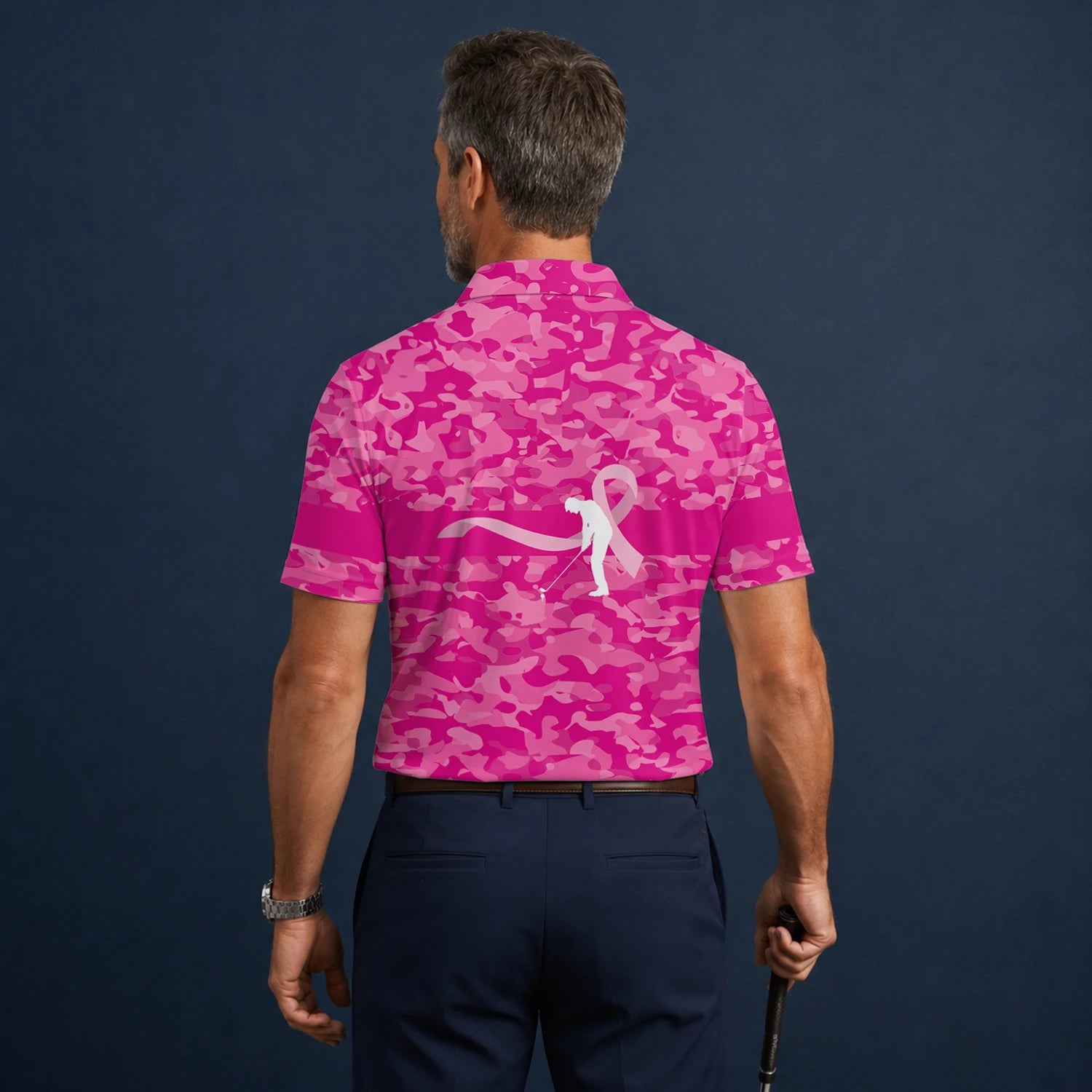 Personalised Pink Camo Breast Cancer Awareness Ribbon Golfer Golf Polo Shirt For Men Z3179