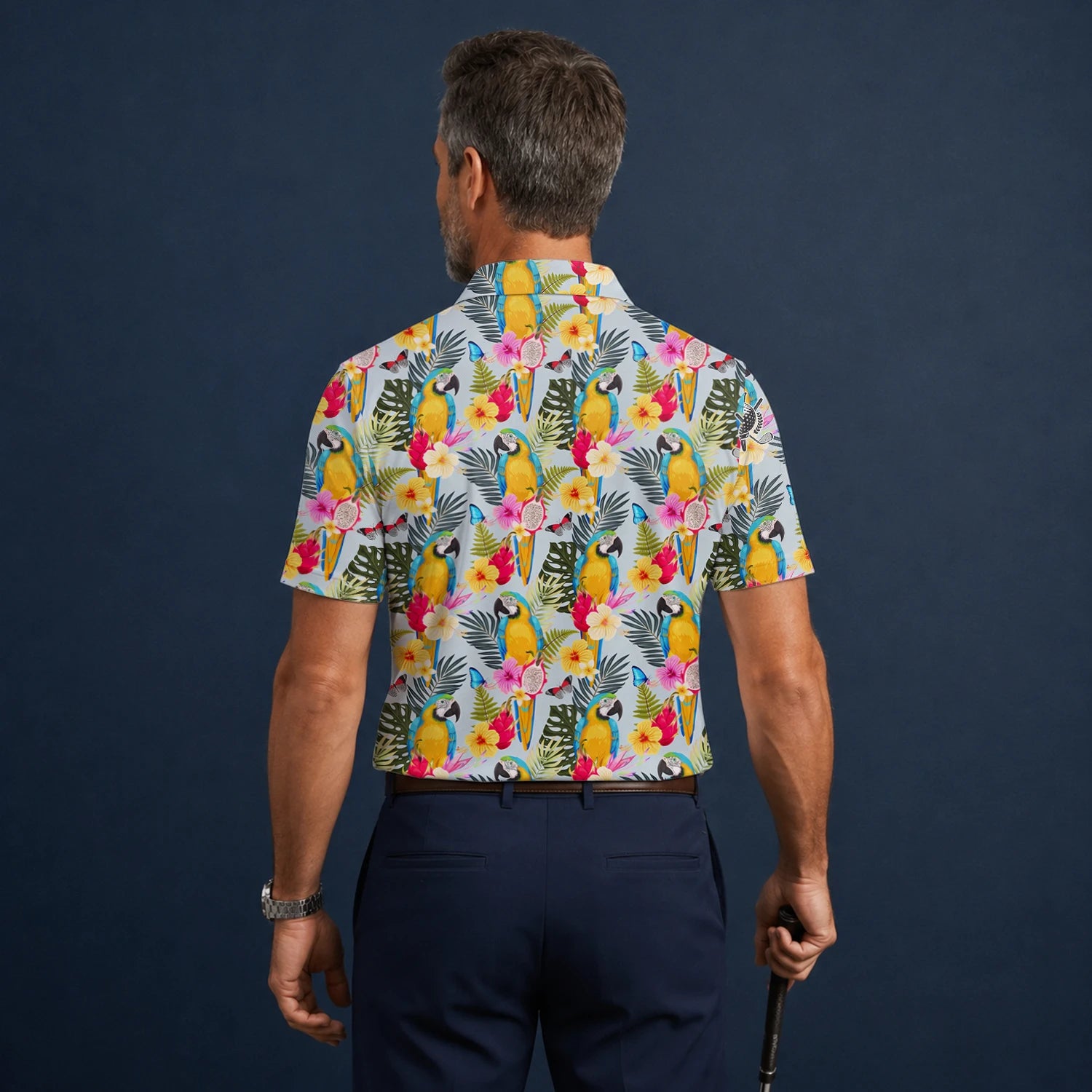 Personalised Cream Yellow Tropical Parrot Hibiscus Golf Polo Shirt For Men V2558
