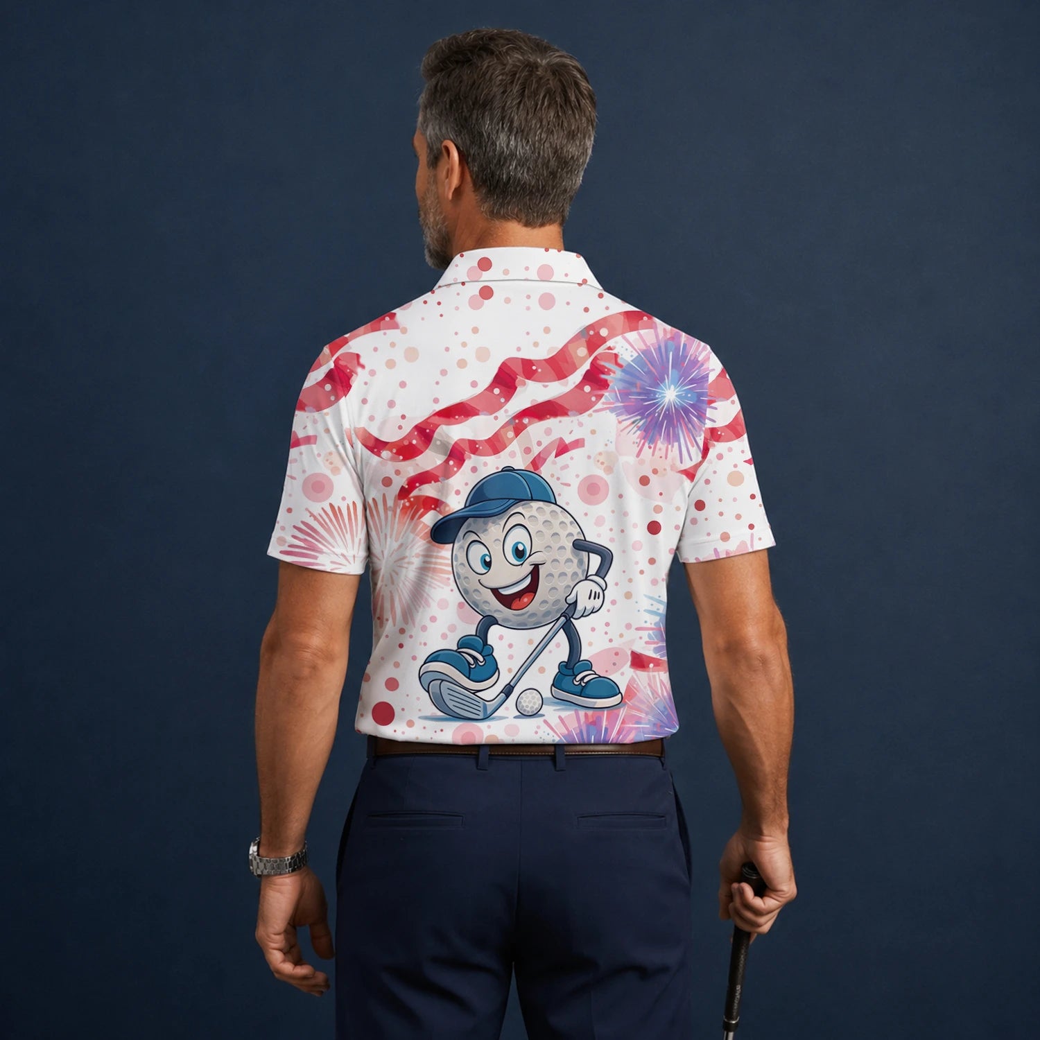 Personalised White Pink Golf Ball Cartoon Firework Golf Polo Shirt For Men C2083