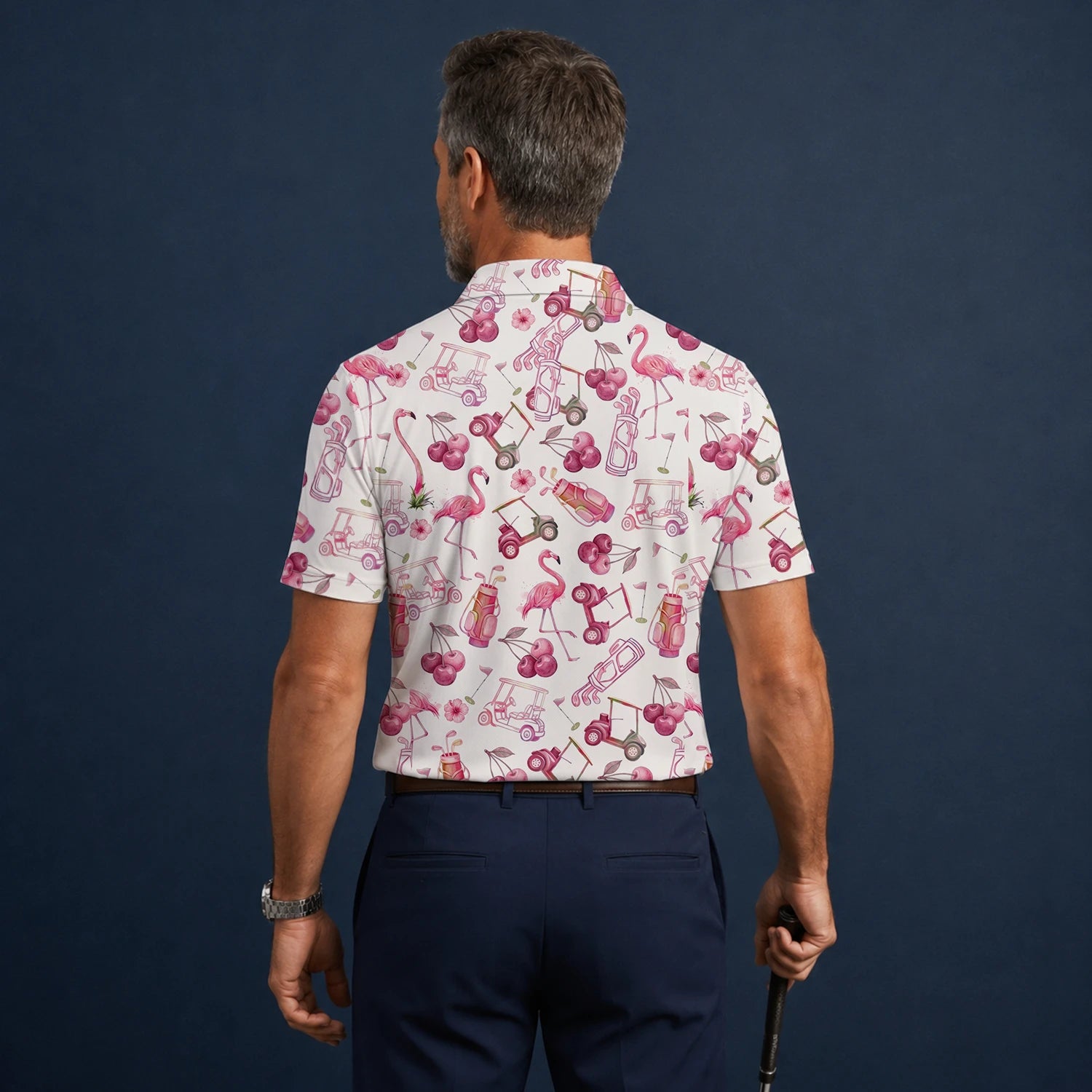 Personalised Cream Pink Flamingo Golf Cart Cocktail Golf Polo Shirt For Men T9296