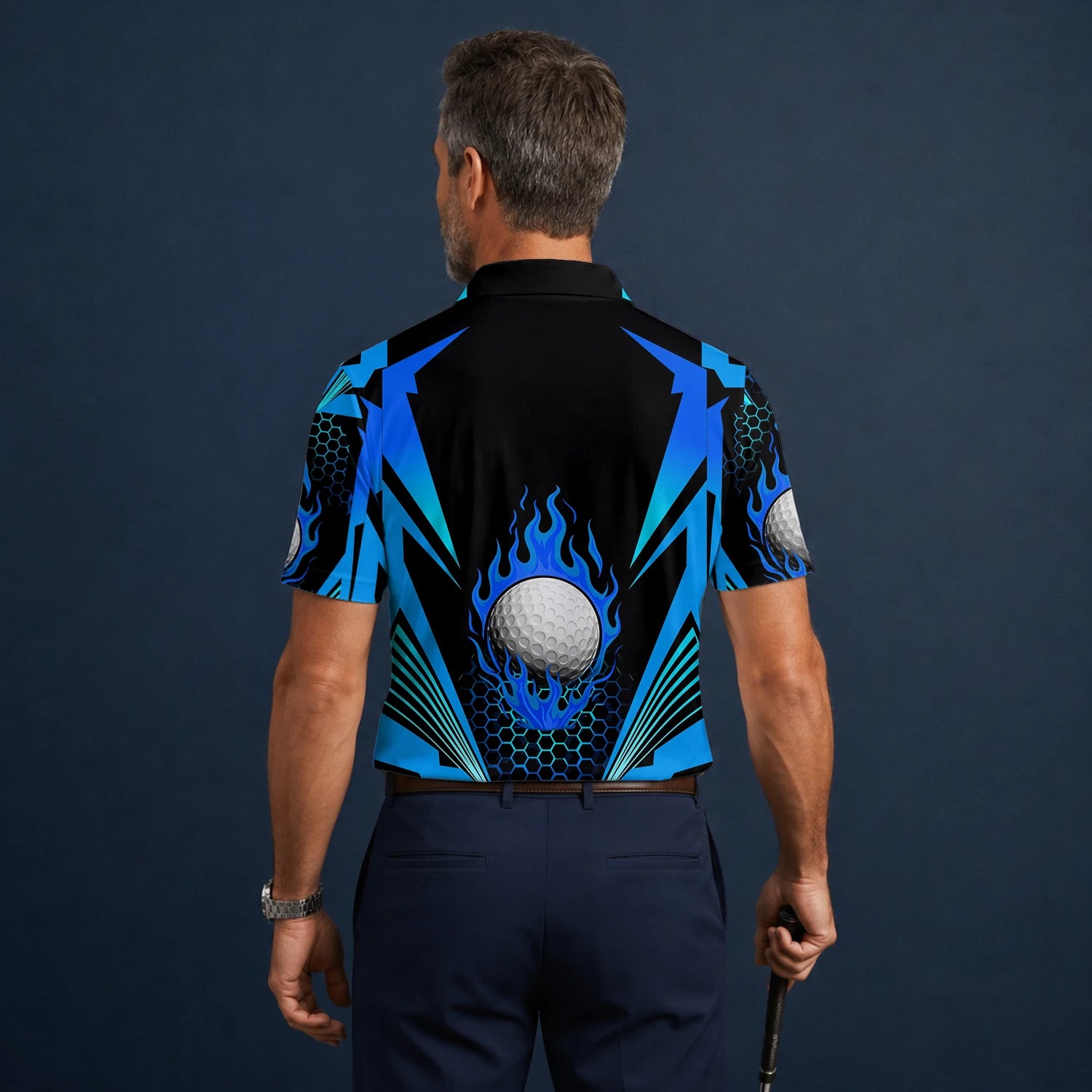 Personalised Black Blue Flaming Golf Ball Golf Polo Shirt For Men Y8576