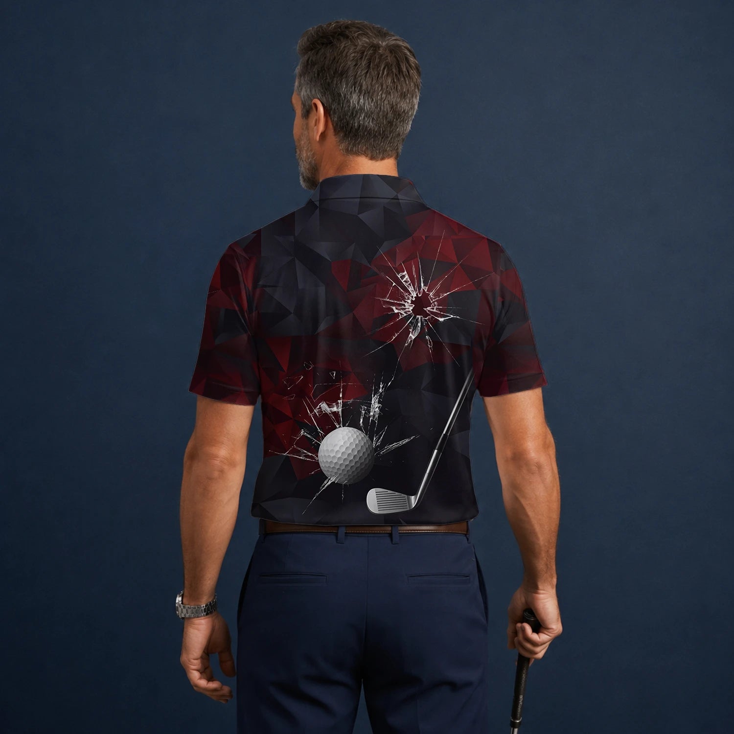 Personalised Black Burgundy Shattered Glass Golf Ball Golf Polo Shirt For Men R4354
