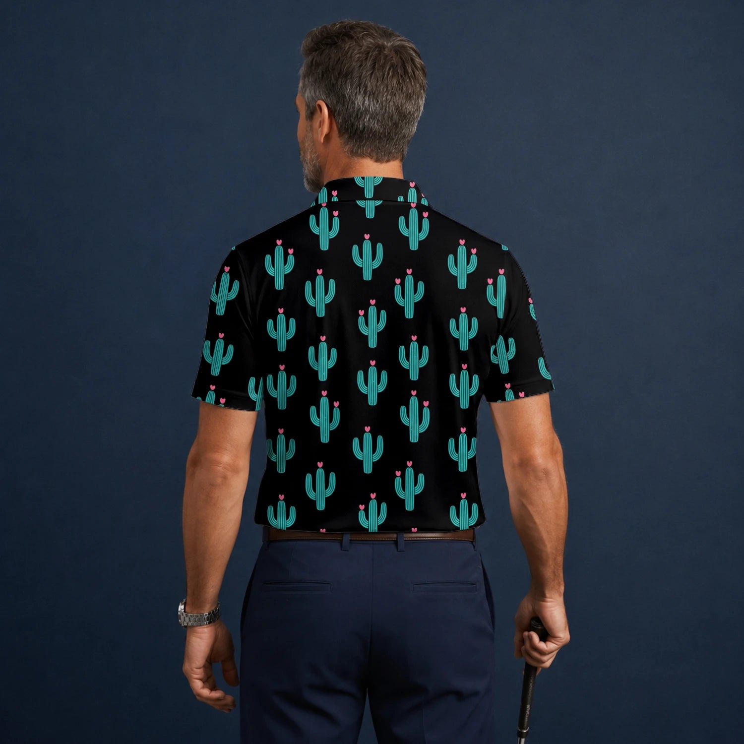 Personalised Black Turquoise Cactus Heart Golf Polo Shirt For Men L0709