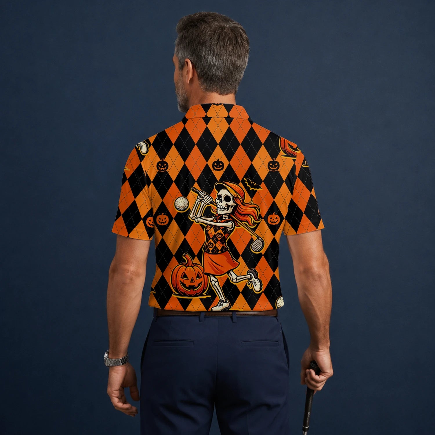 Personalised Orange Black Halloween Skeleton Golfer Pumpkin Argyle Golf Polo Shirt For Men Z9562