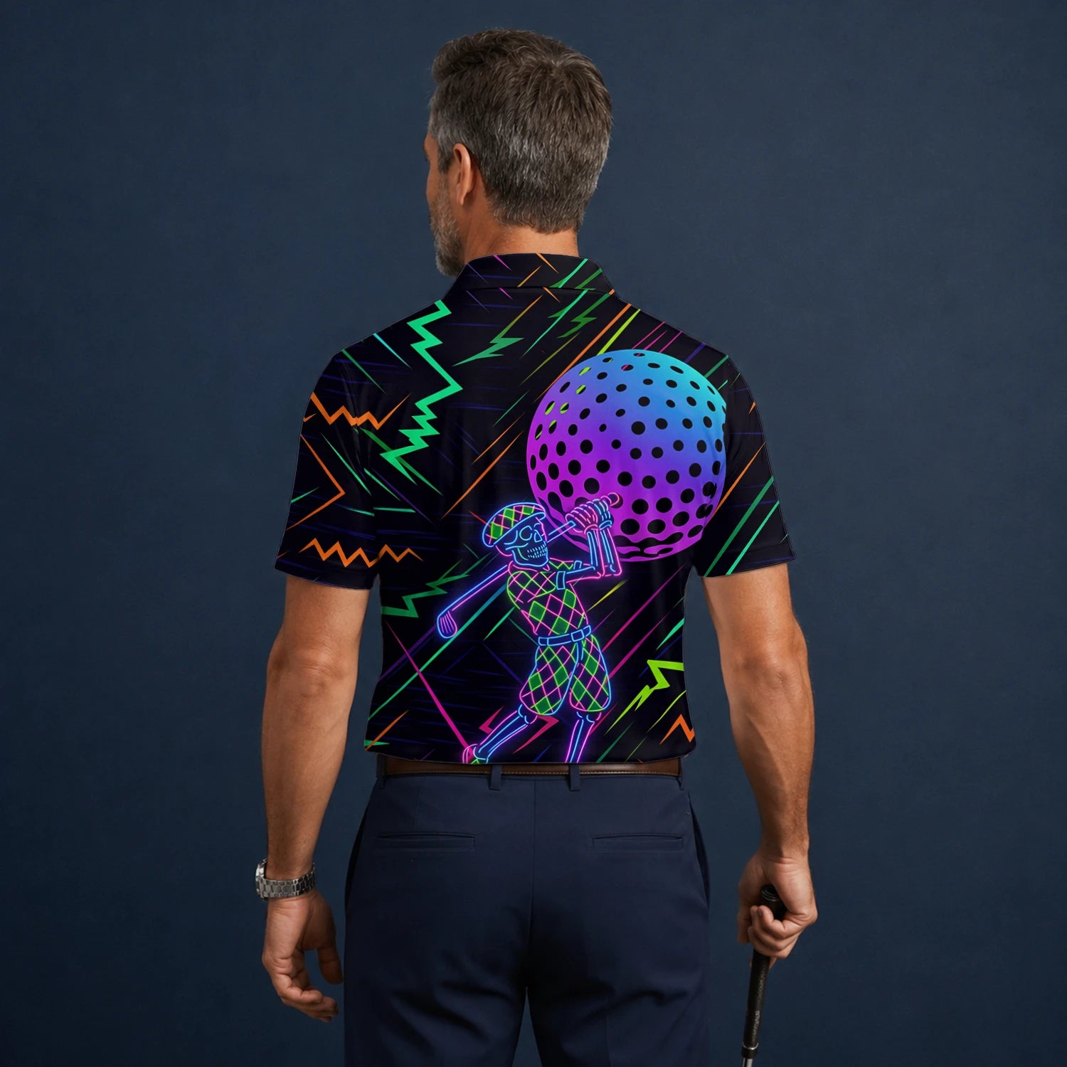 Personalised Black Neon Golfer Wireframe Golf Polo Shirt For Men L1481