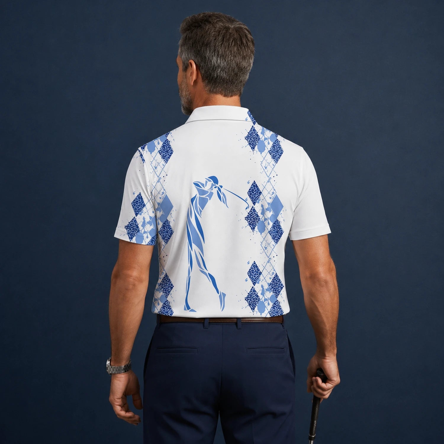 Personalised White Blue Argyle Golfer Silhouette Golf Polo Shirt For Men M6672