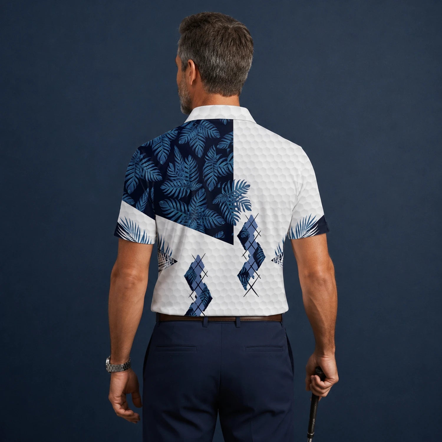 Personalised White Navy Tropical Leaf Argyle Golf Polo Shirt For Men D6549