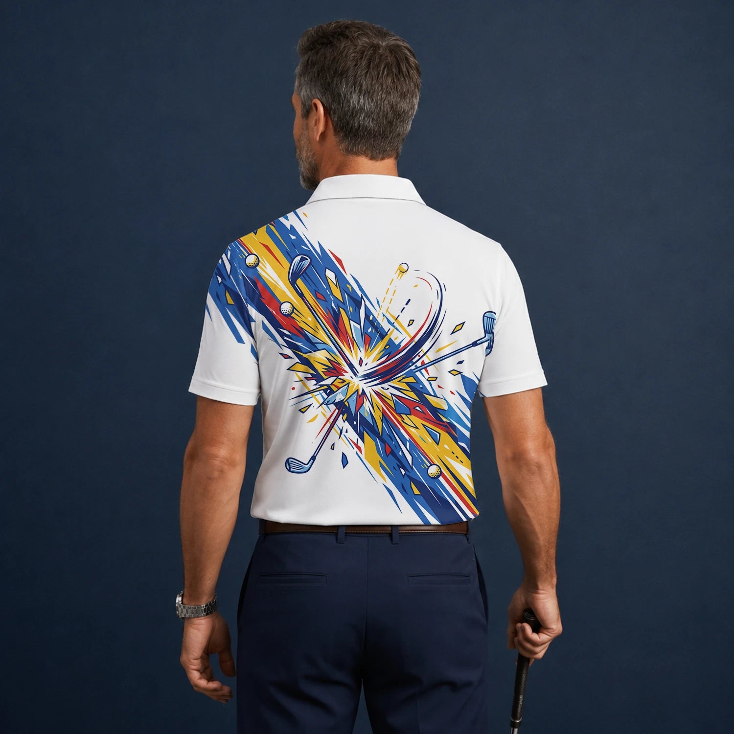 Personalised White Blue Abstract Golf Swing Burst Golf Polo Shirt For Men B2869