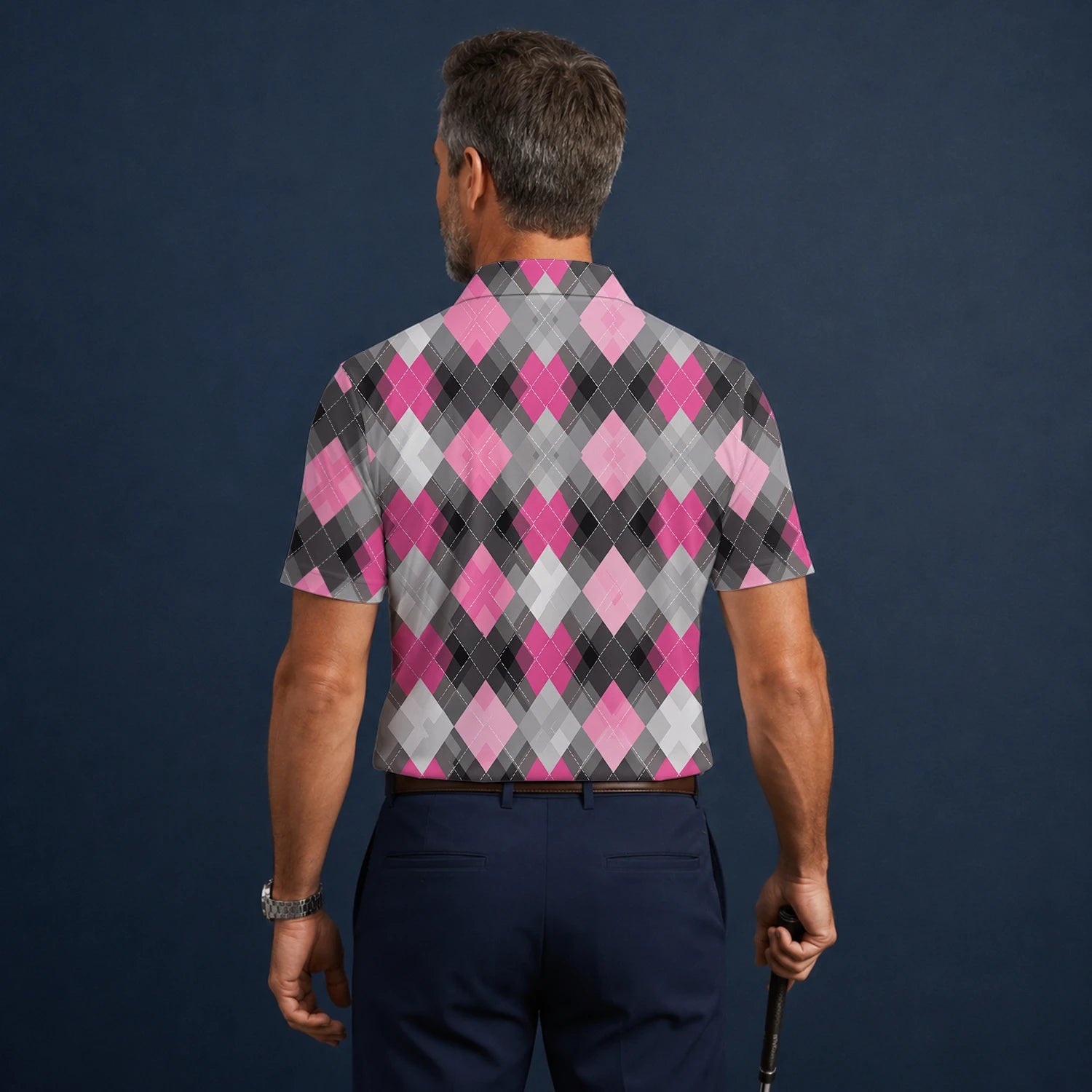 Personalised Pink Grey Argyle Golf Polo Shirt For Men Z9376