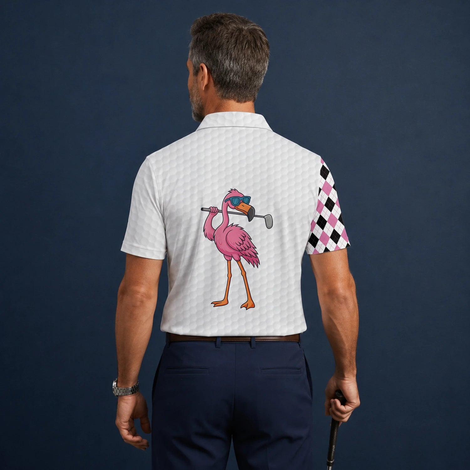 Personalised White Pink Flamingo Golfer Argyle Golf Polo Shirt For Men G3697