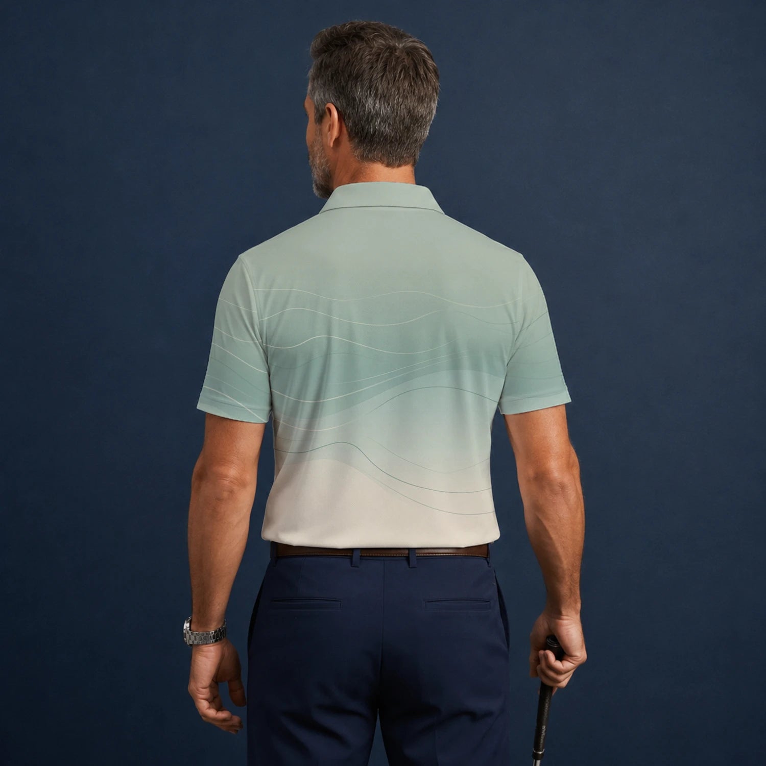 Personalised Sage Green Beige Abstract Wave Golf Polo Shirt For Men X8036