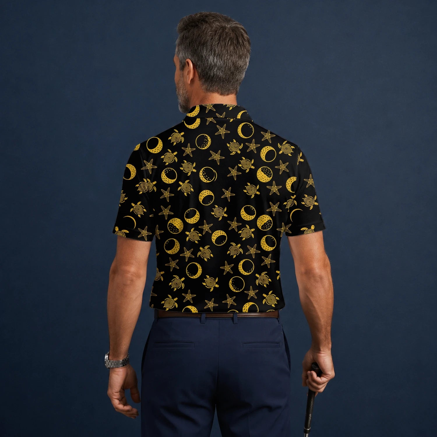 Personalised Black Gold Sea Turtle Moon Star Golf Polo Shirt For Men V4483