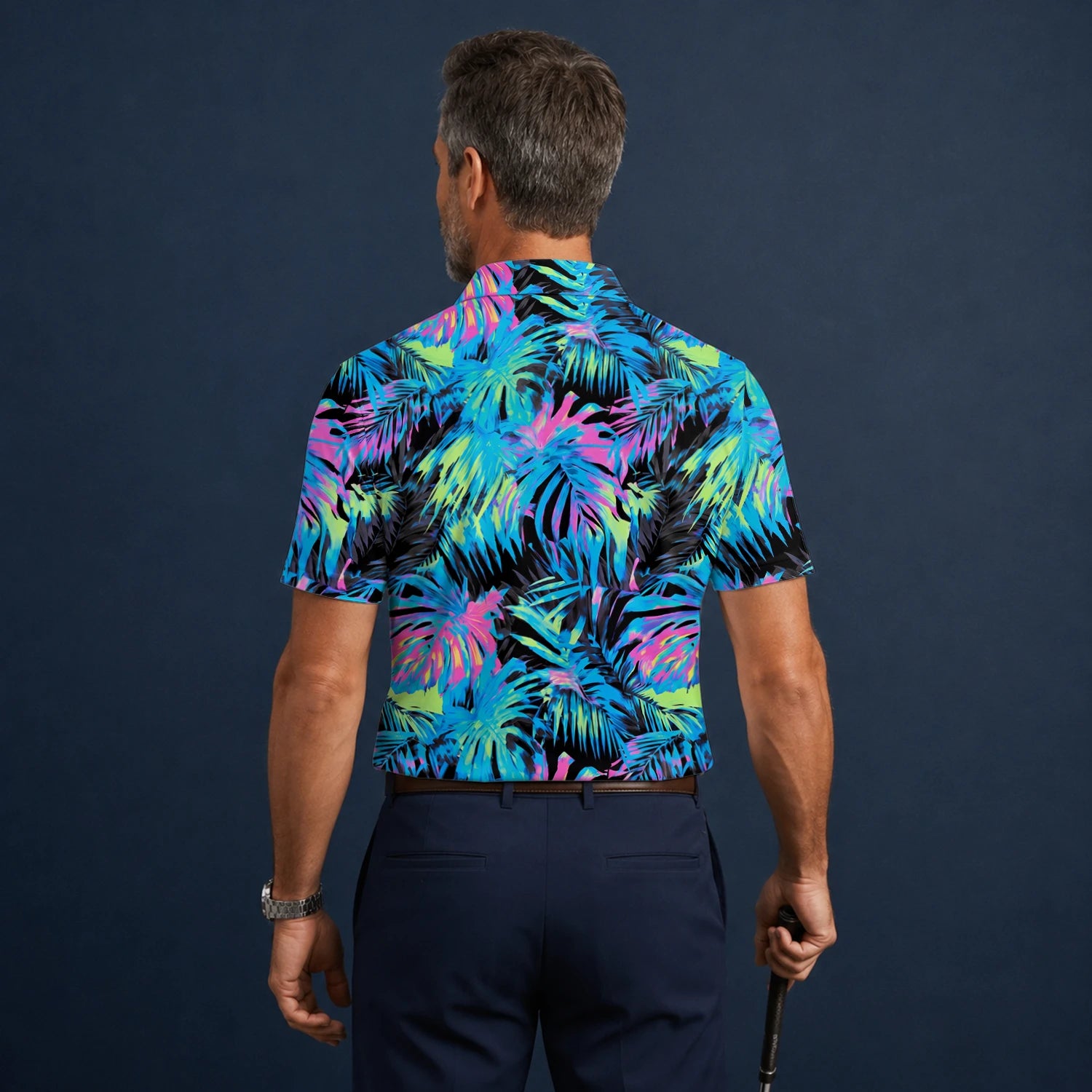 Personalised Black Neon Tropical Leaf Golf Polo Shirt For Men D2207