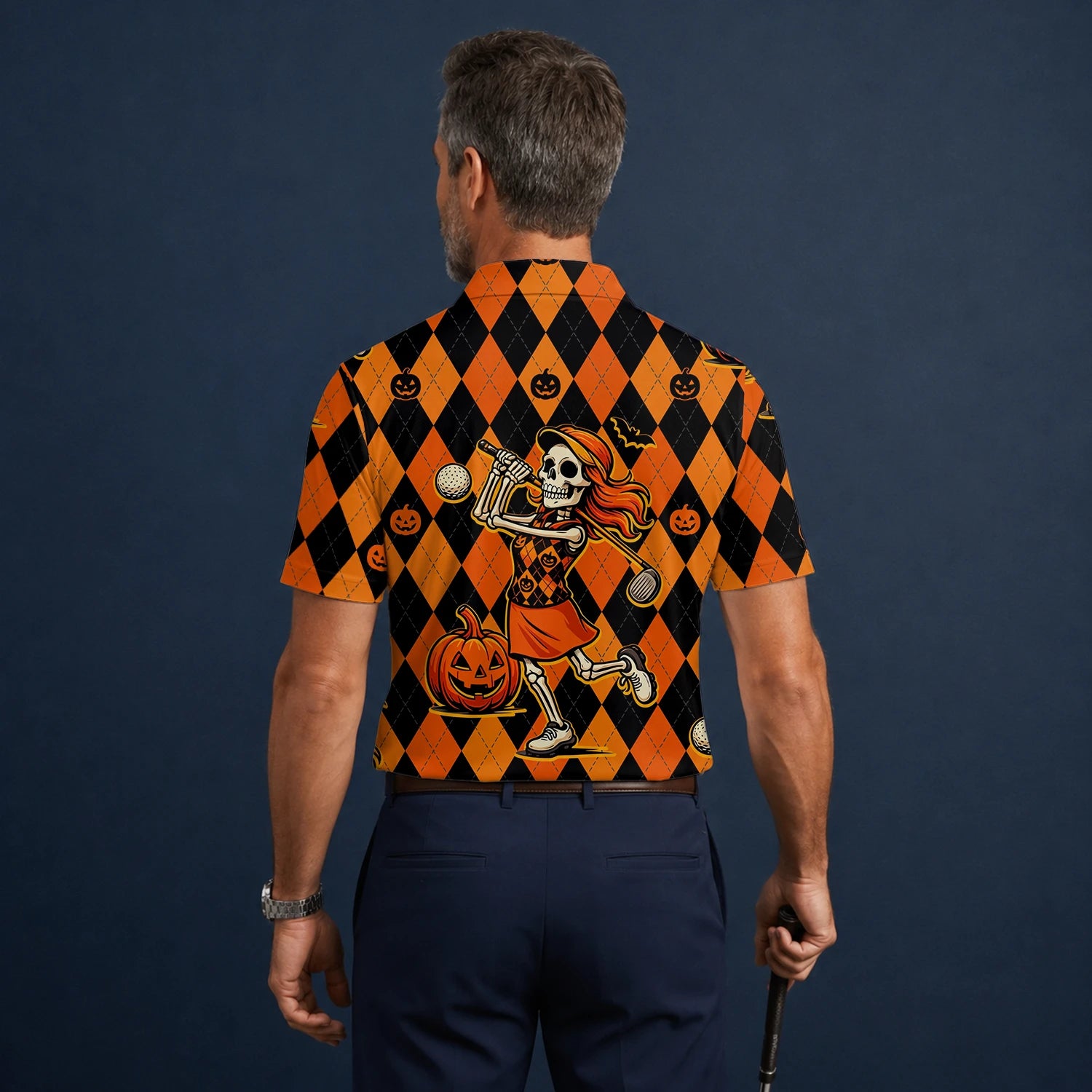 Personalised Orange Black Halloween Skeleton Golfer Pumpkin Argyle Golf Polo Shirt For Men Z9562