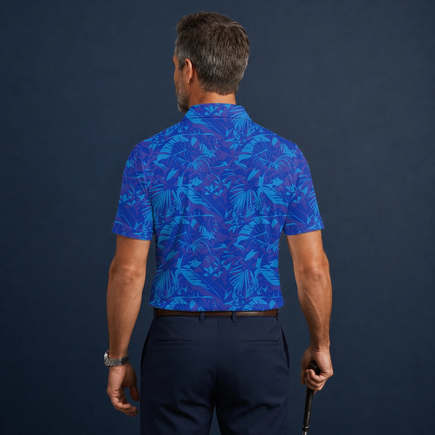 Personalised Blue Tropical Leaf Golf Polo Shirt For Men Z7717