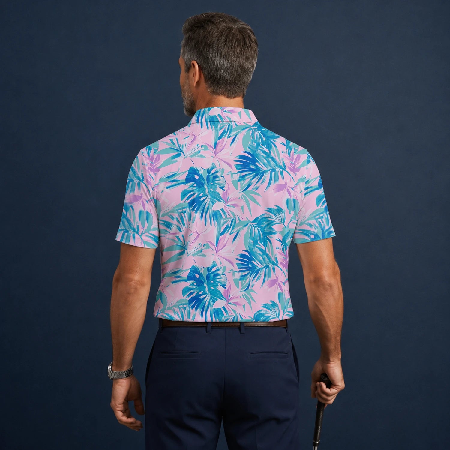 Personalised Pink Blue Tropical Leaf Golf Polo Shirt For Men K0497