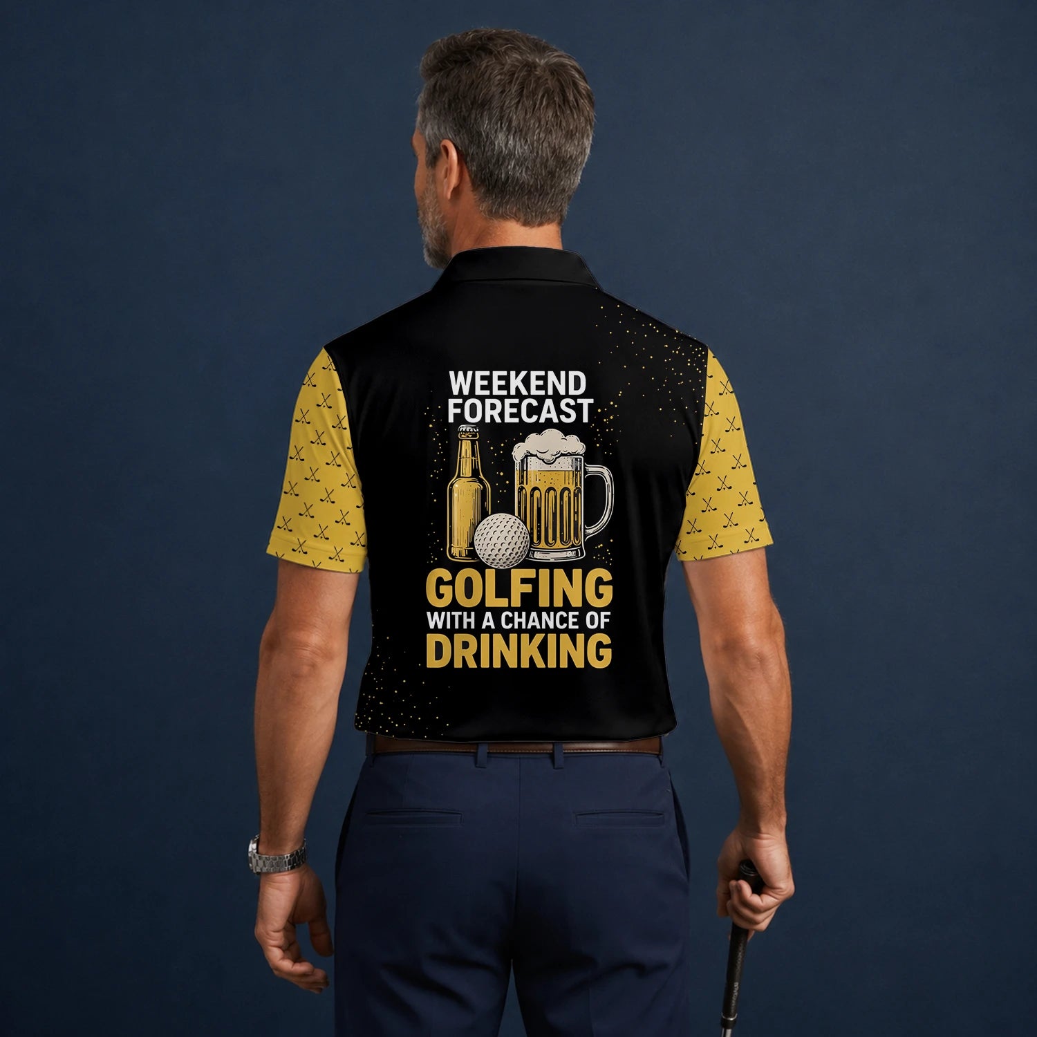 Personalised Black Gold Golf Club Pattern Stripe Golf Polo Shirt For Men B5489