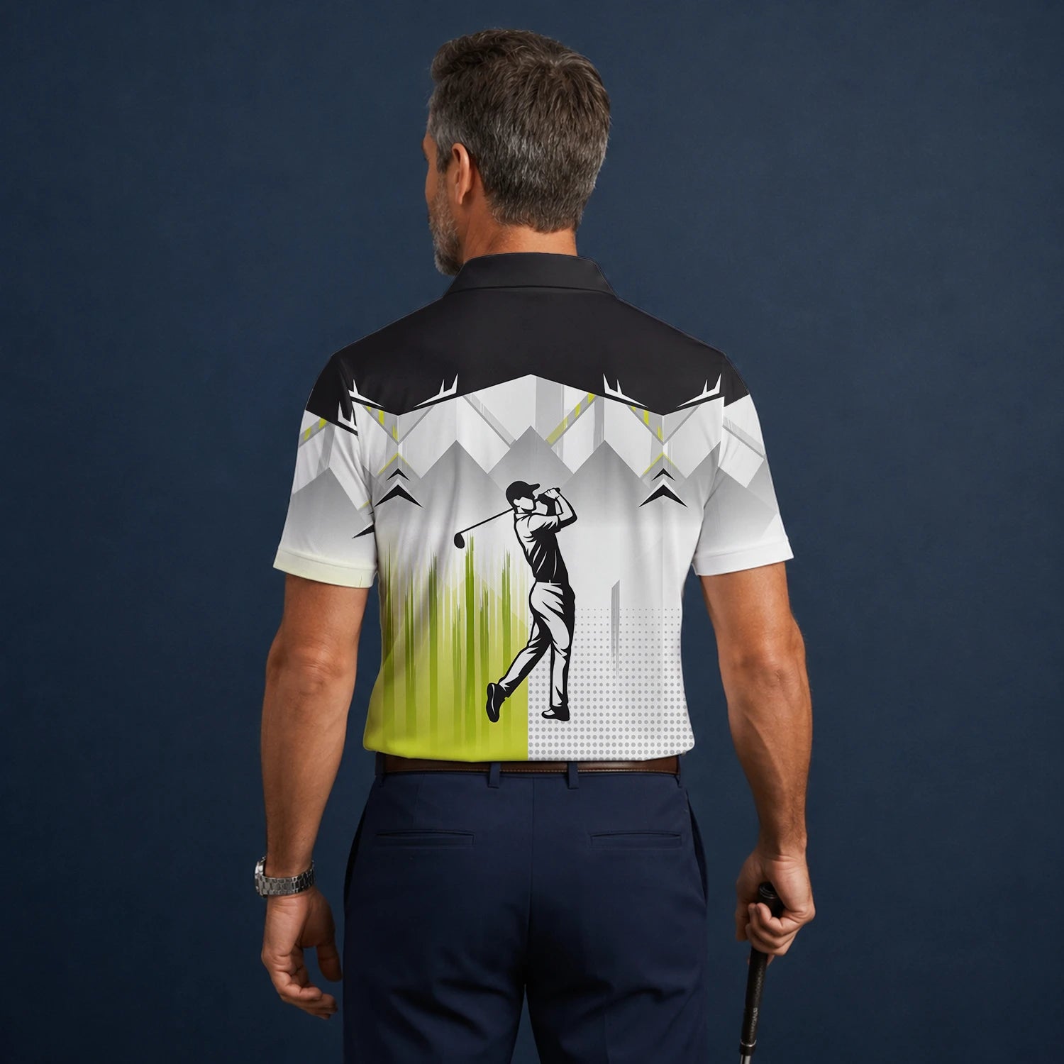 Personalised Black Grey Lime Golfer Silhouette Golf Polo Shirt For Men F4552