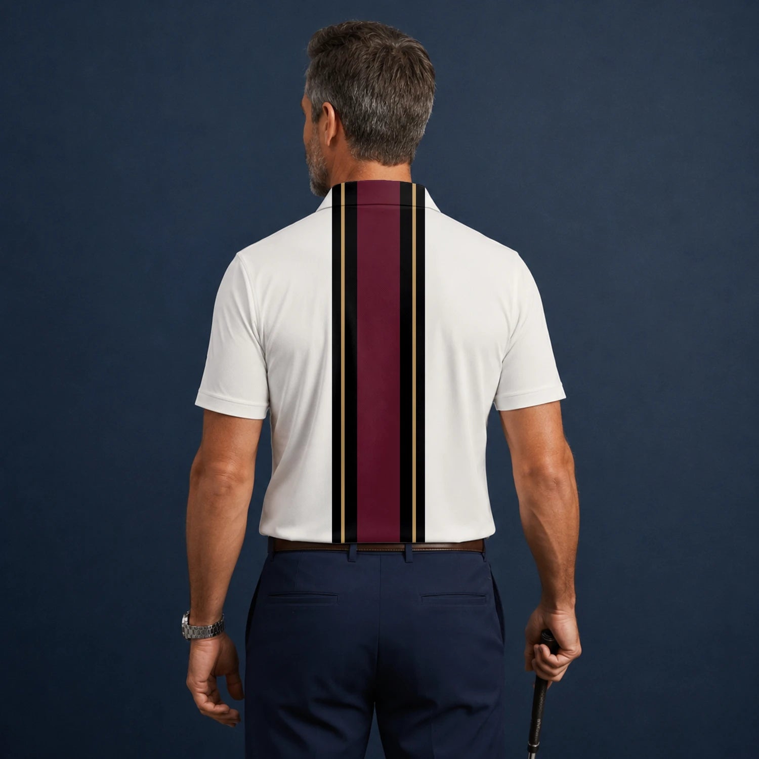 Personalised White Burgundy Black Racing Stripe Golf Polo Shirt For Men G7028