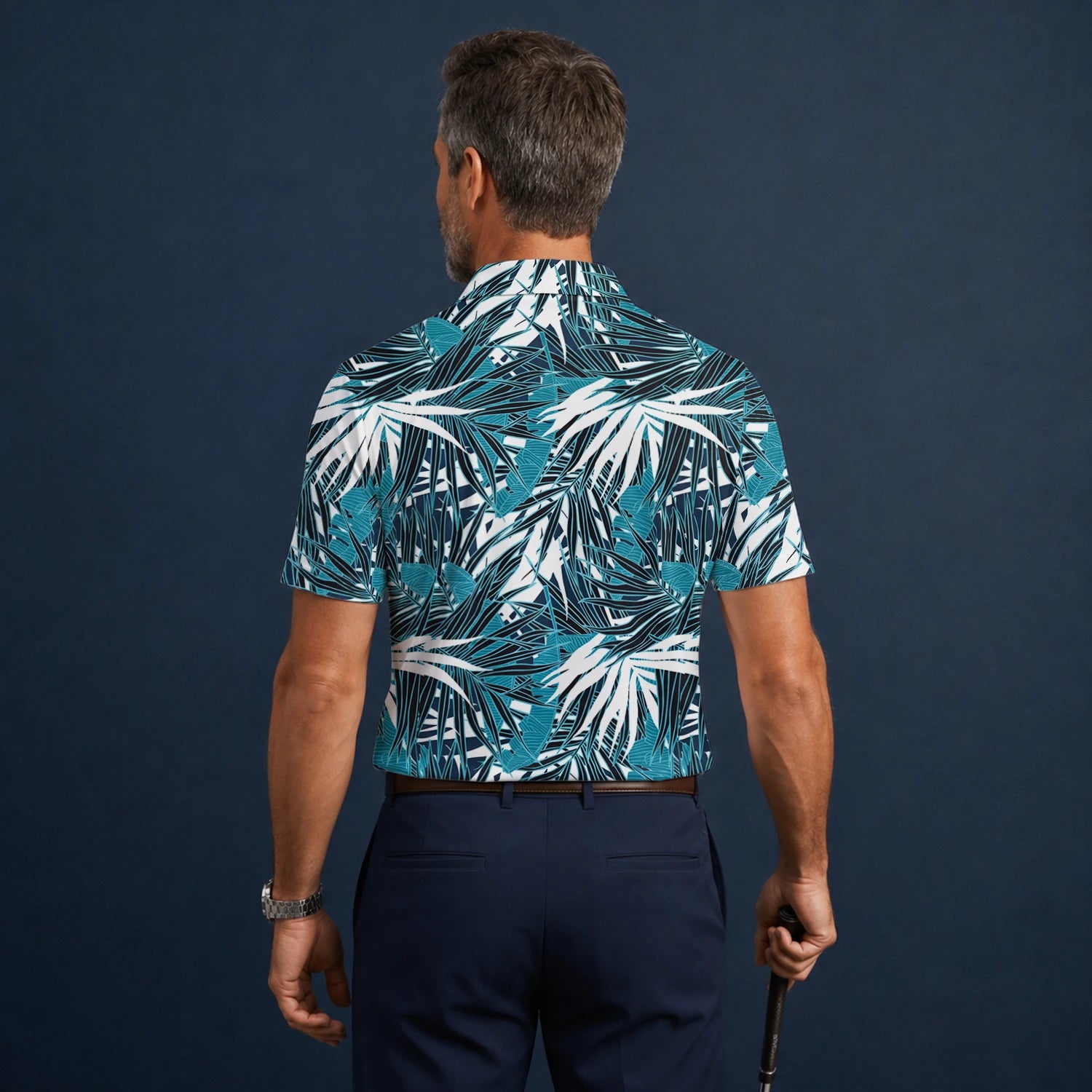 Personalised Teal Black White Palm Leaf Golf Polo Shirt For Men S8543