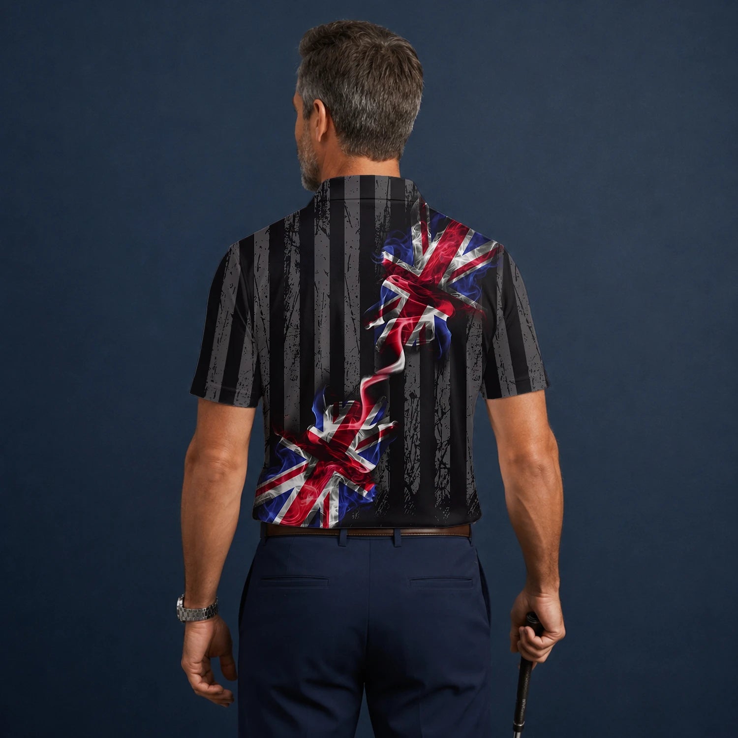 Personalised Black Union Jack Lightning Golf Polo Shirt For Men U9443