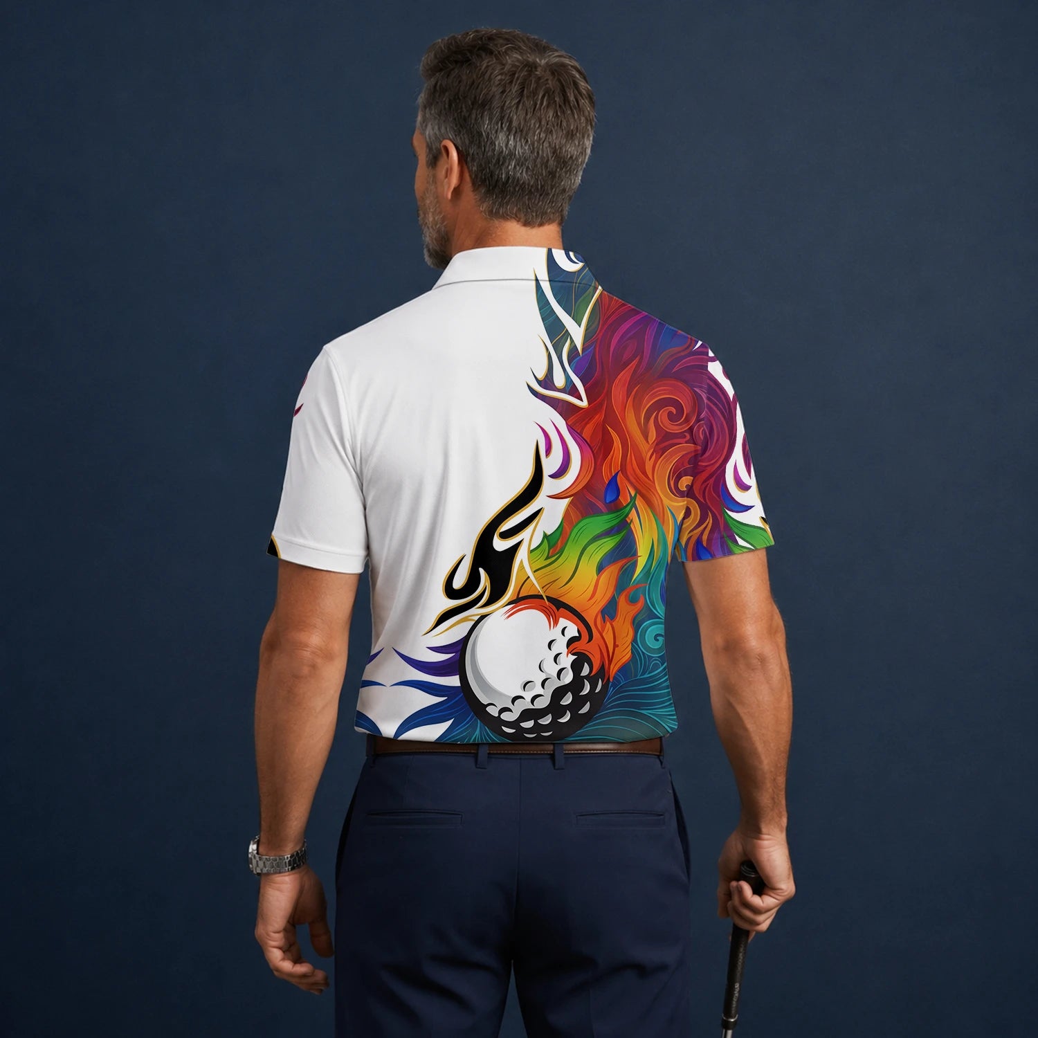 Personalised White Rainbow Flame Golf Ball Golf Polo Shirt For Men P6012