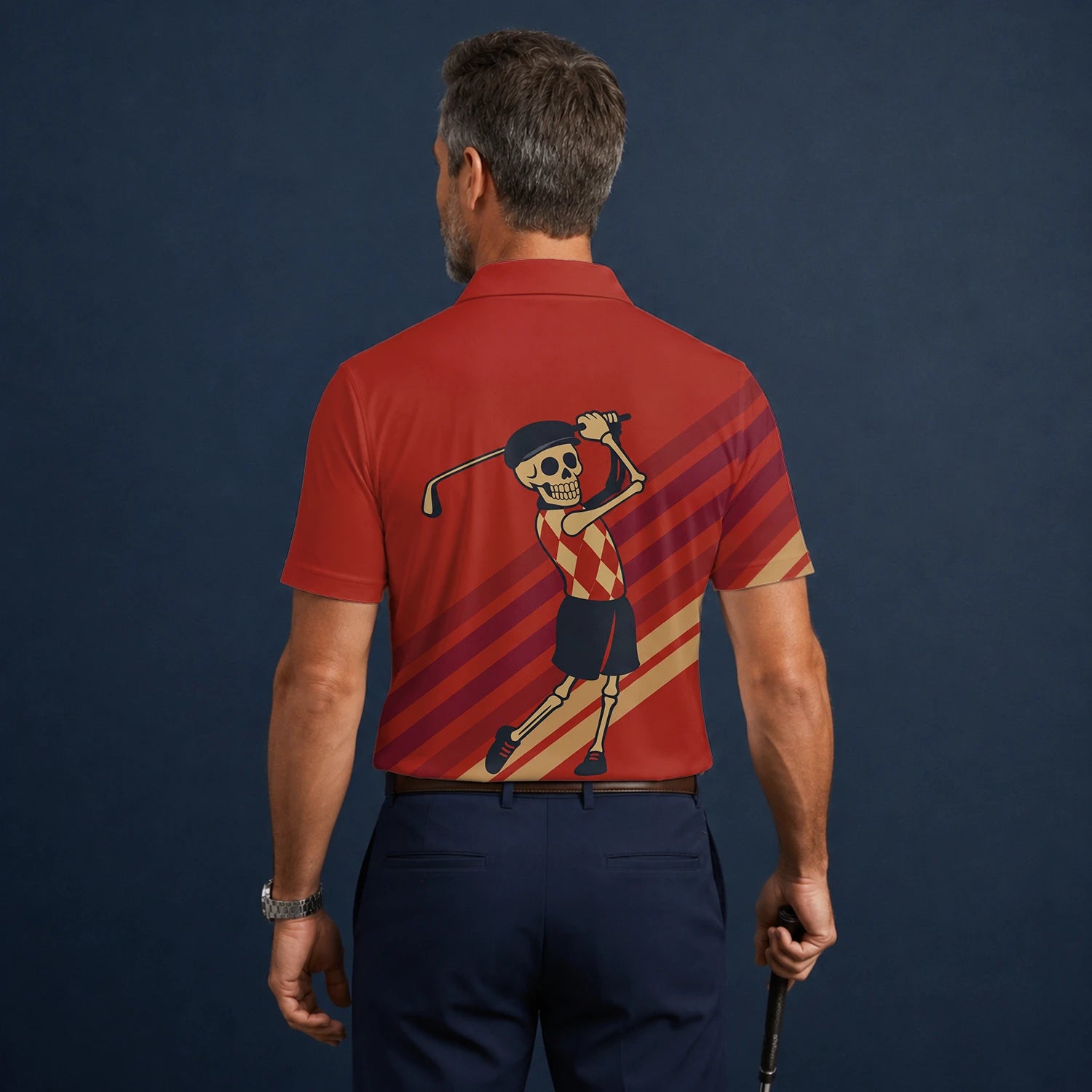 Personalised Red Skeleton Golfer Cartoon Golf Polo Shirt For Men F3648