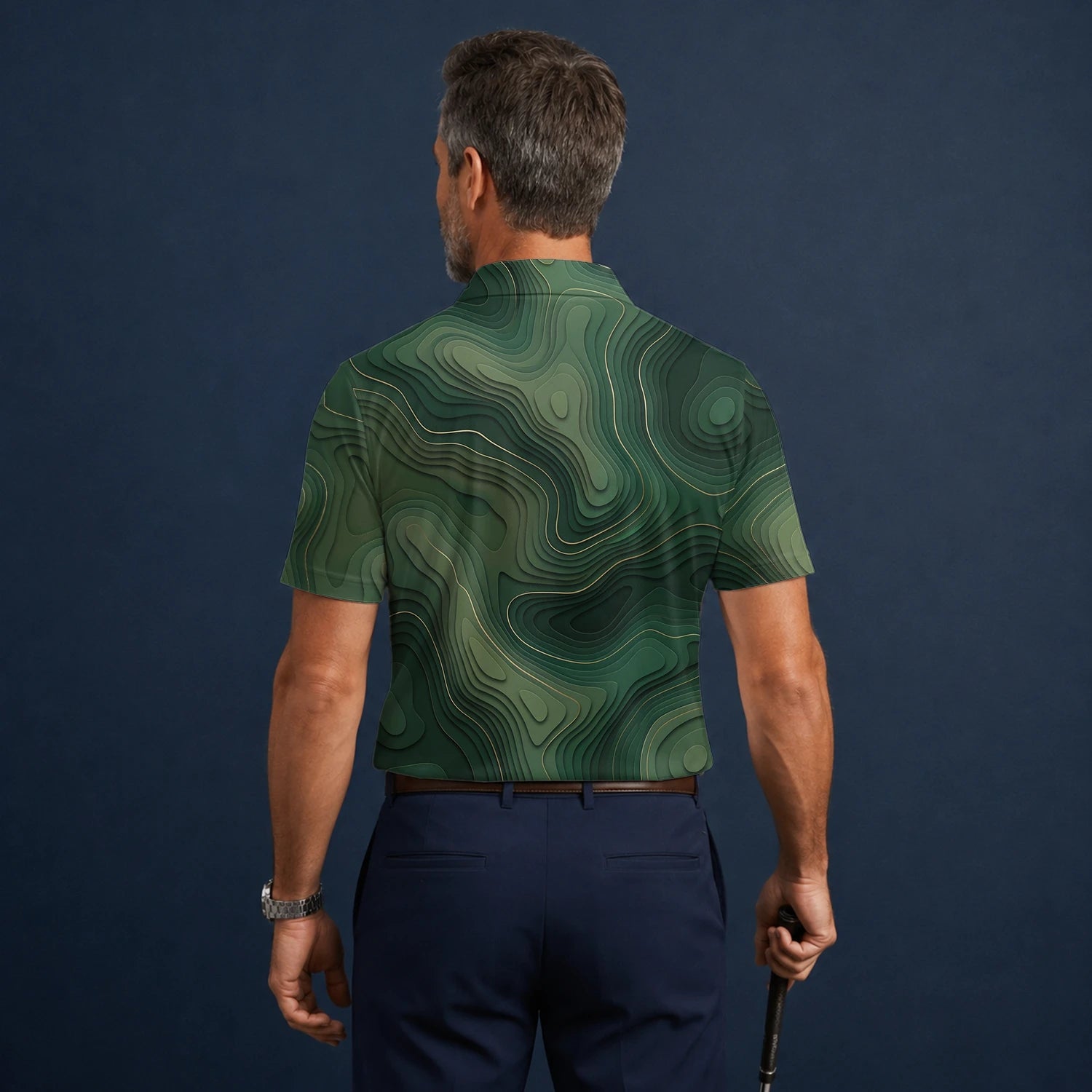 Personalised Green Topographic Contour Line Golf Polo Shirt For Men H2497