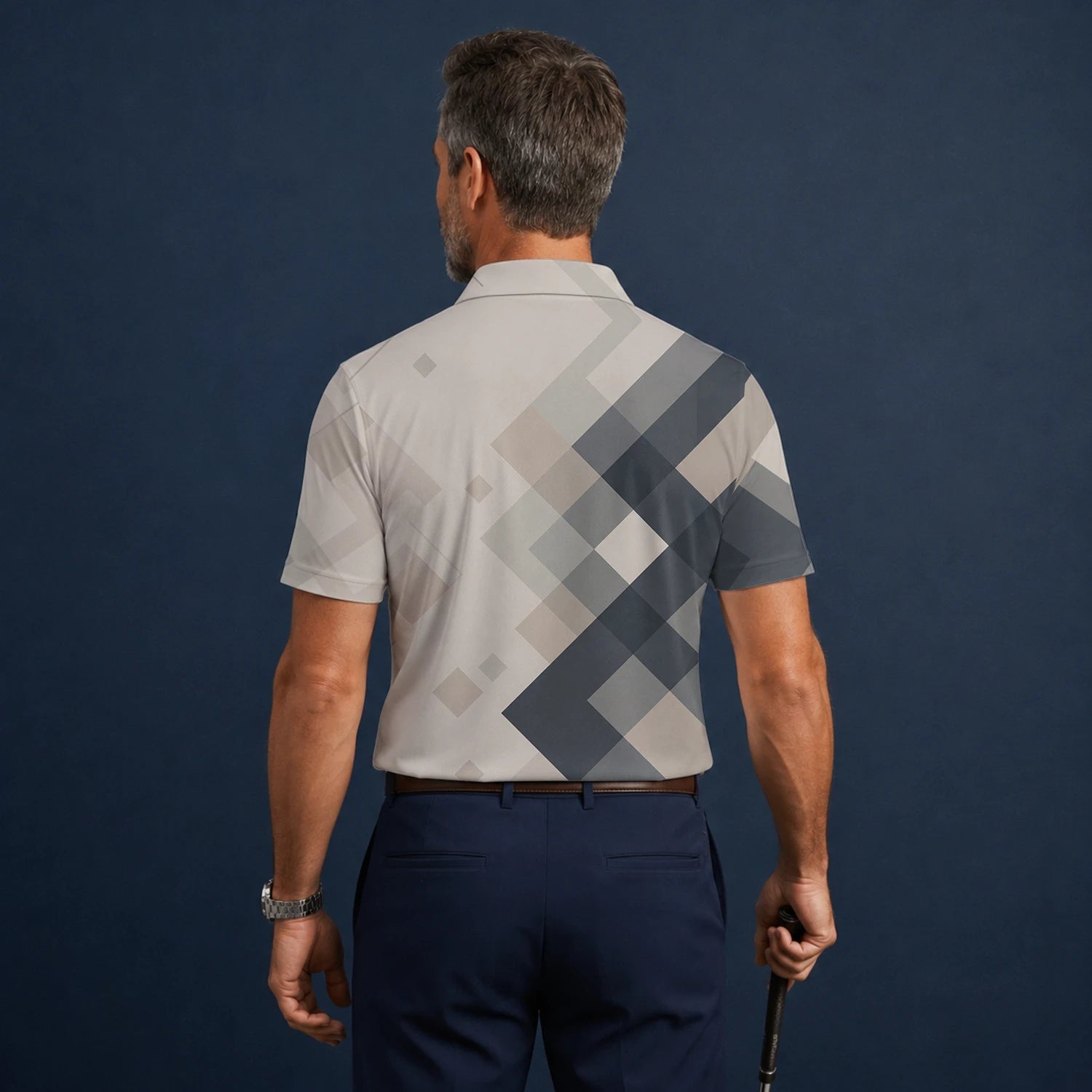 Personalised Beige Grey Argyle Golf Polo Shirt For Men Z6499