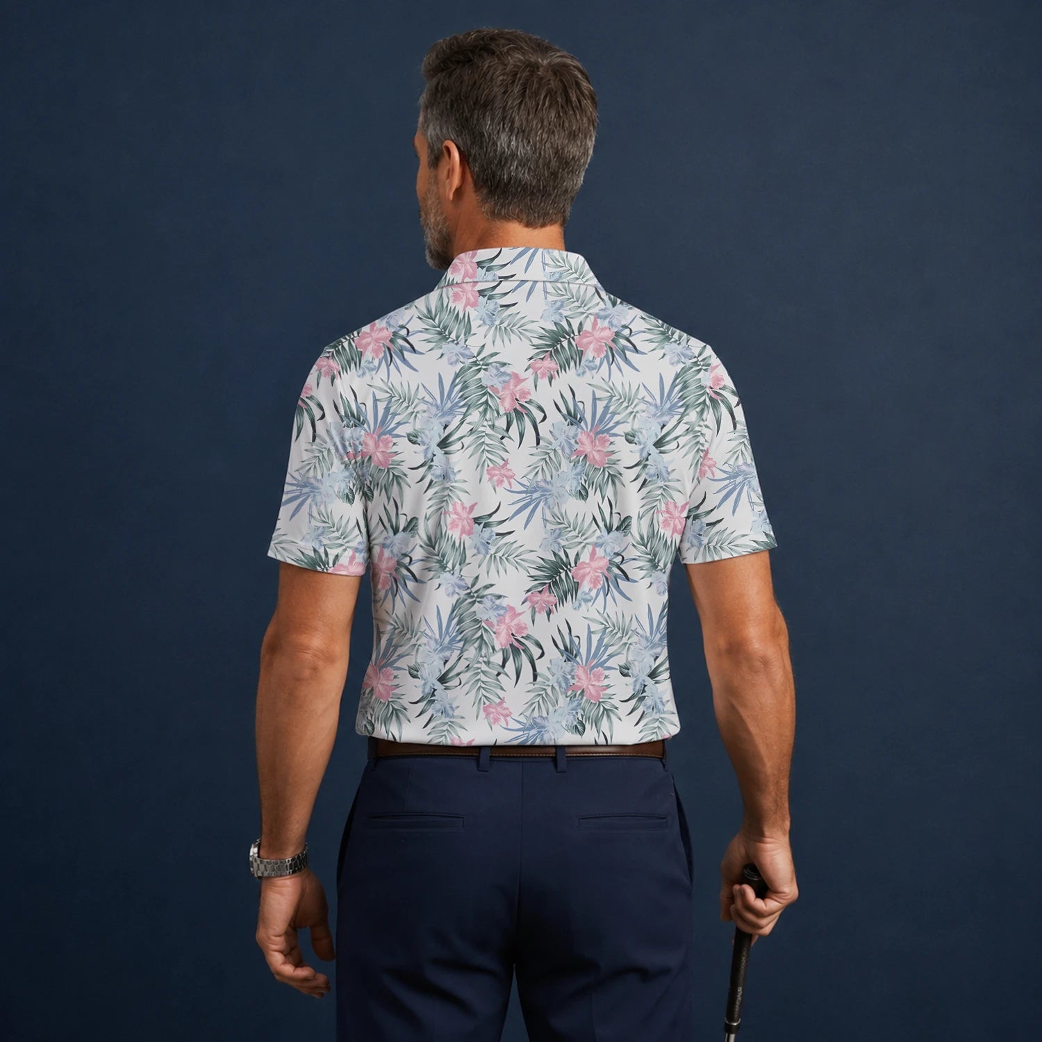 Personalised White Pink Tropical Floral Leaf Golf Polo Shirt For Men C1037