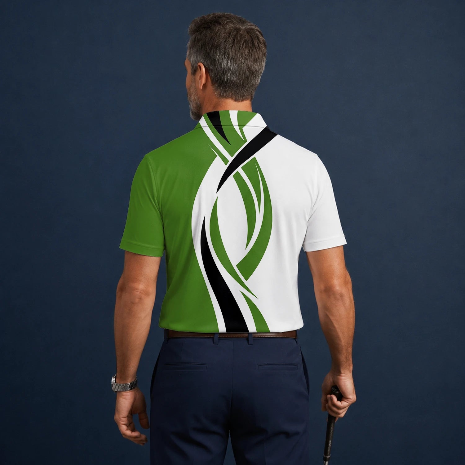 Personalised White Green Black Abstract Wave Golf Polo Shirt For Men P7352