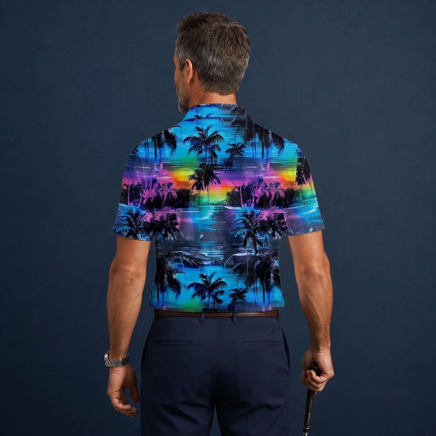 Personalised Blue Purple Palm Sunset Golf Polo Shirt For Men K8435