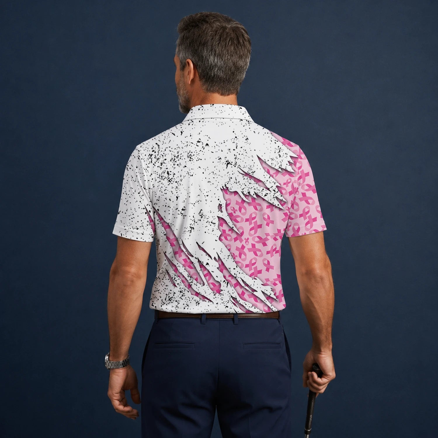 Personalised White Pink Breast Cancer Ribbon Torn Golf Polo Shirt For Men B7190