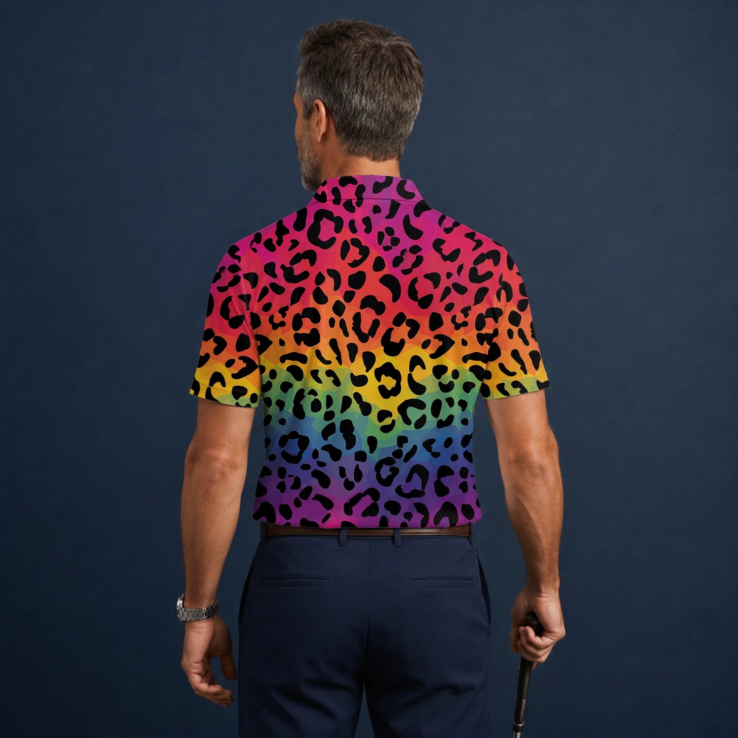 Personalised Rainbow Leopard Print Golf Polo Shirt For Men X1632