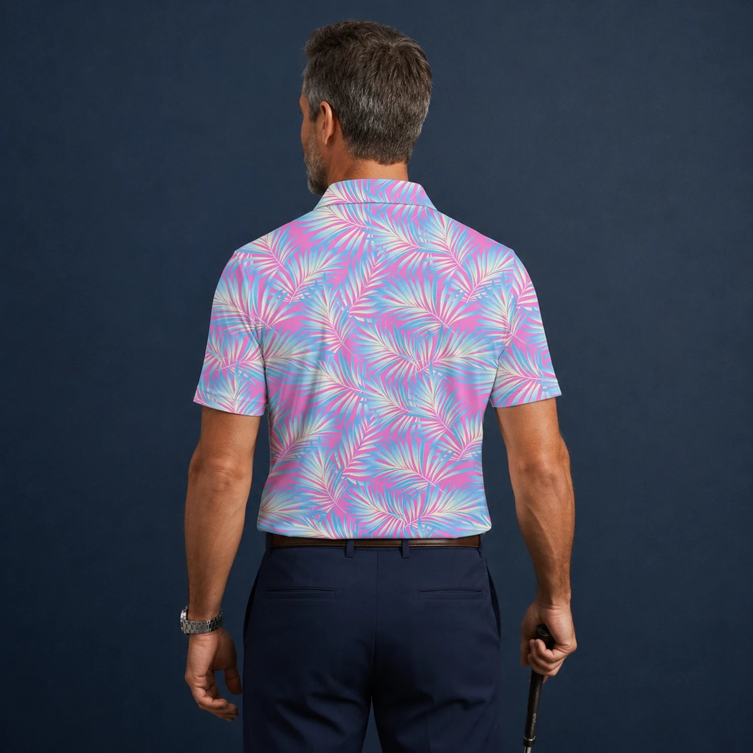 Personalised Pink Blue Palm Leaf Golf Polo Shirt For Men F1458