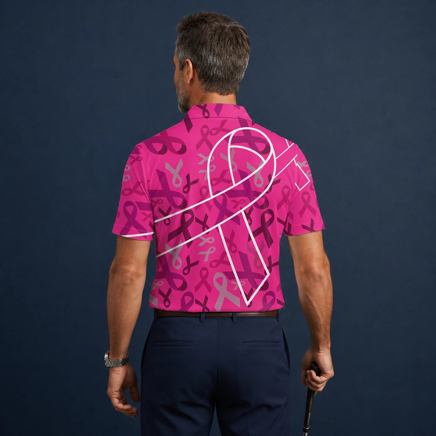 Personalised Pink Breast Cancer Awareness Ribbon Golf Polo Shirt For Men O4093