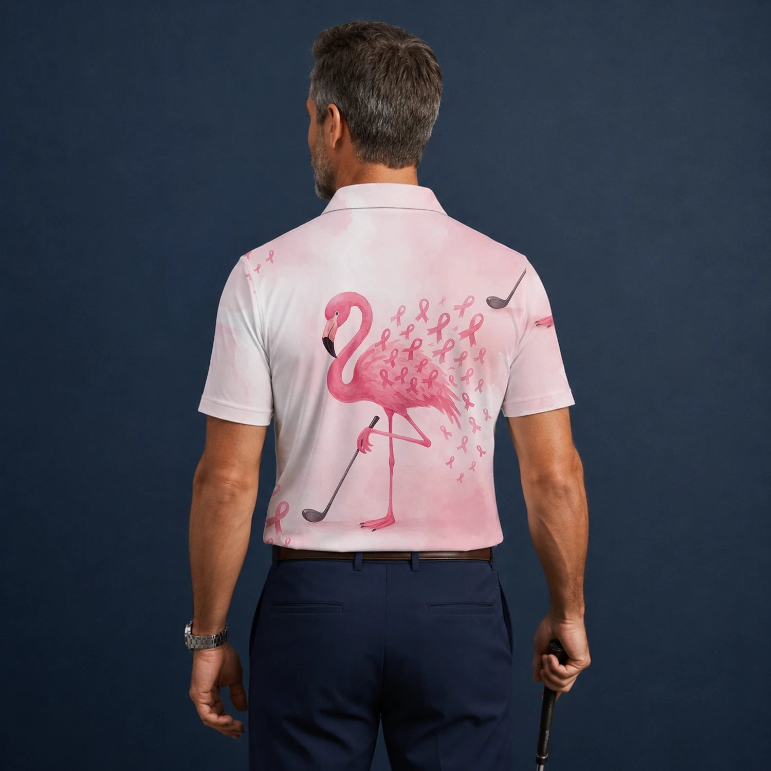 Personalised Pink Flamingo Golfer Breast Cancer Ribbon Golf Polo Shirt For Men R9354