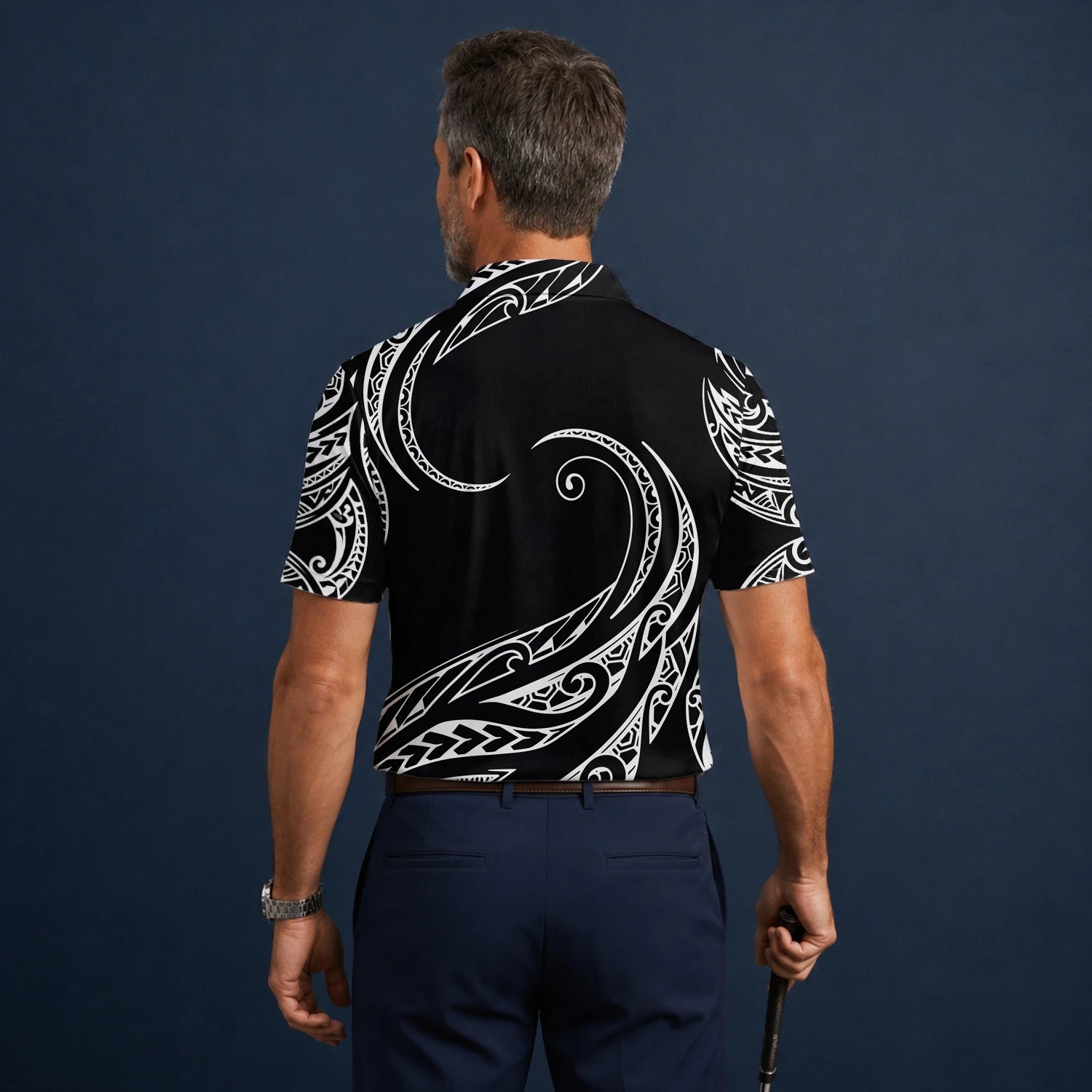 Personalised Black White Tribal Wave Golf Polo Shirt For Men R9560