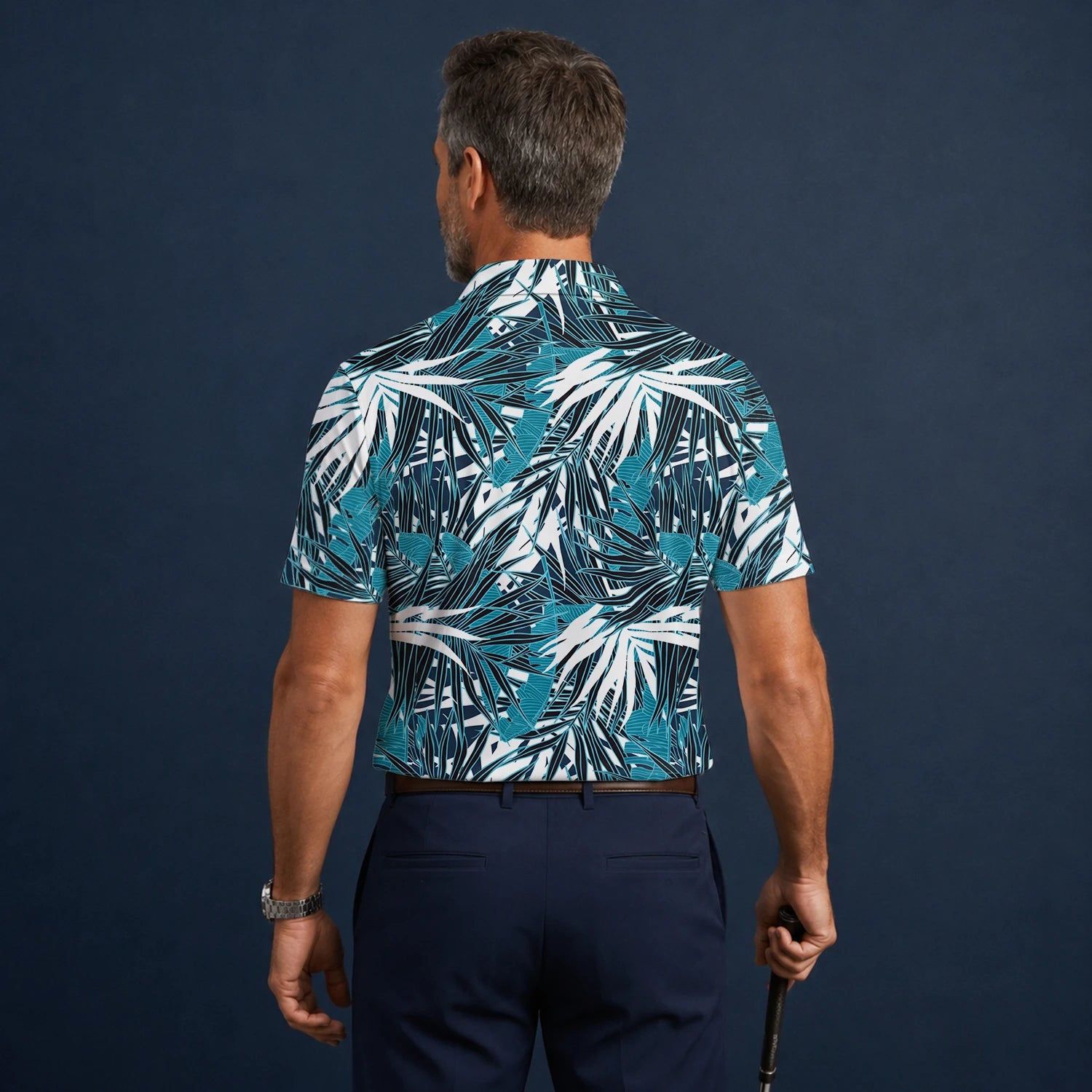 Personalised Teal Black White Palm Leaf Golf Polo Shirt For Men S8543