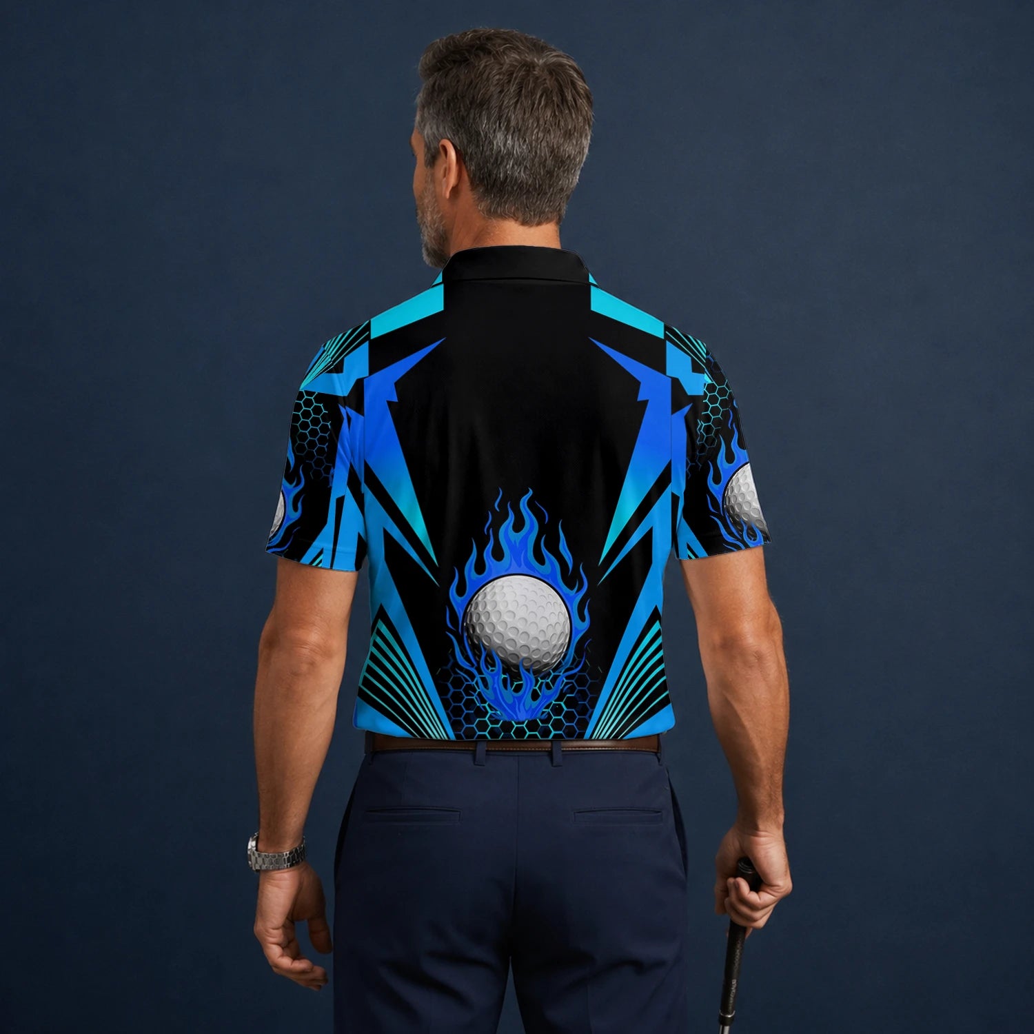 Personalised Black Blue Flaming Golf Ball Golf Polo Shirt For Men Y8576