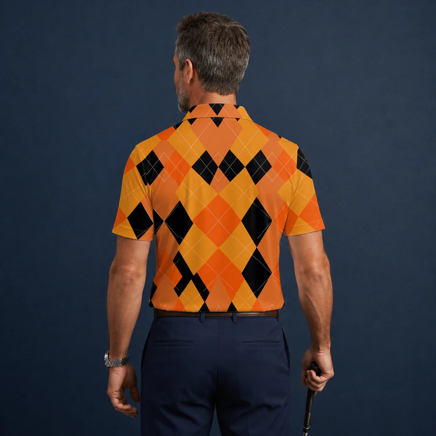 Personalised Orange Black Argyle Diamond Golf Polo Shirt For Men C4203