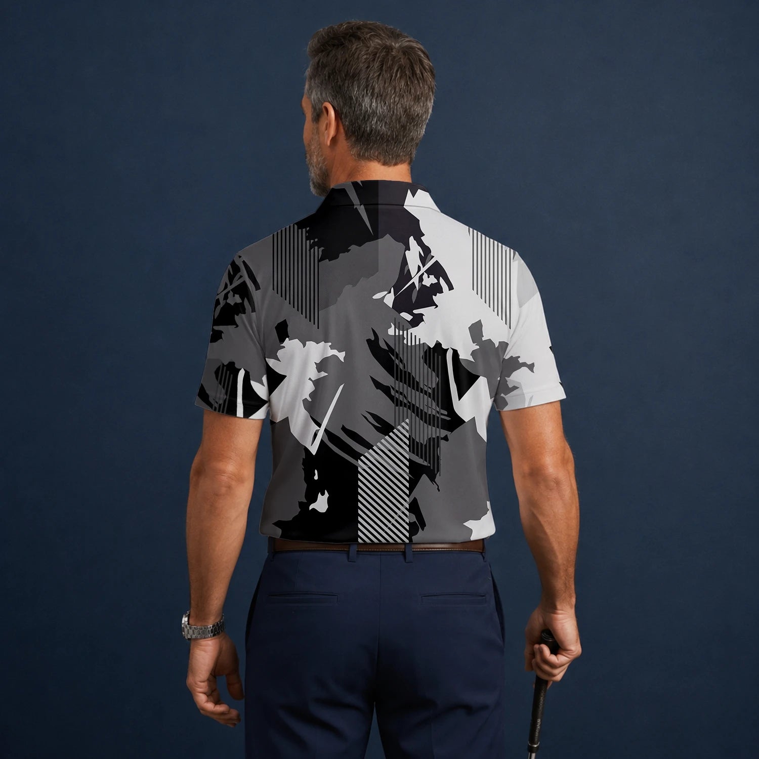 Personalised Grey Black Abstract Brush Stripe Golf Polo Shirt For Men I7293