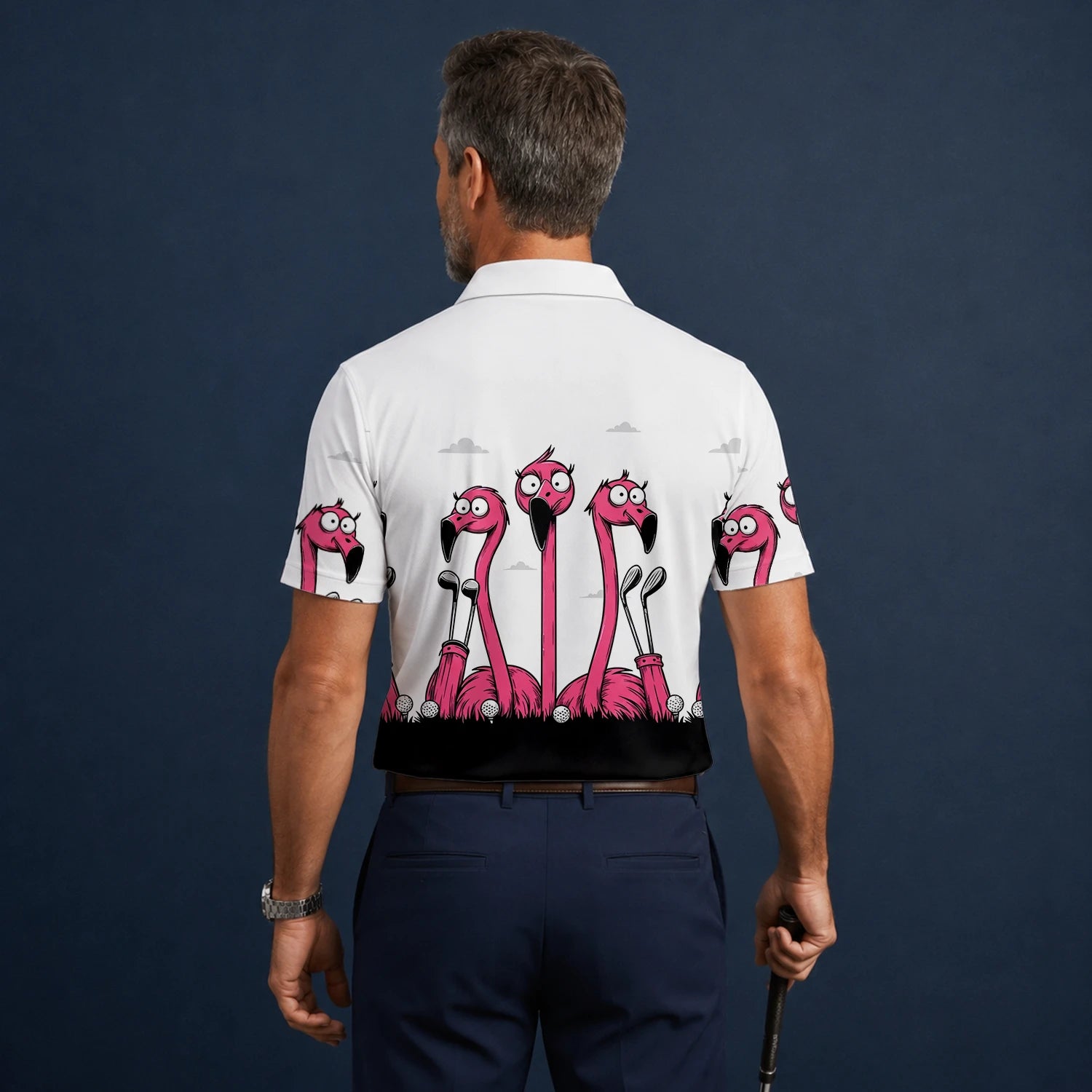 Personalised White Pink Flamingo Cartoon Golf Polo Shirt For Men I6113