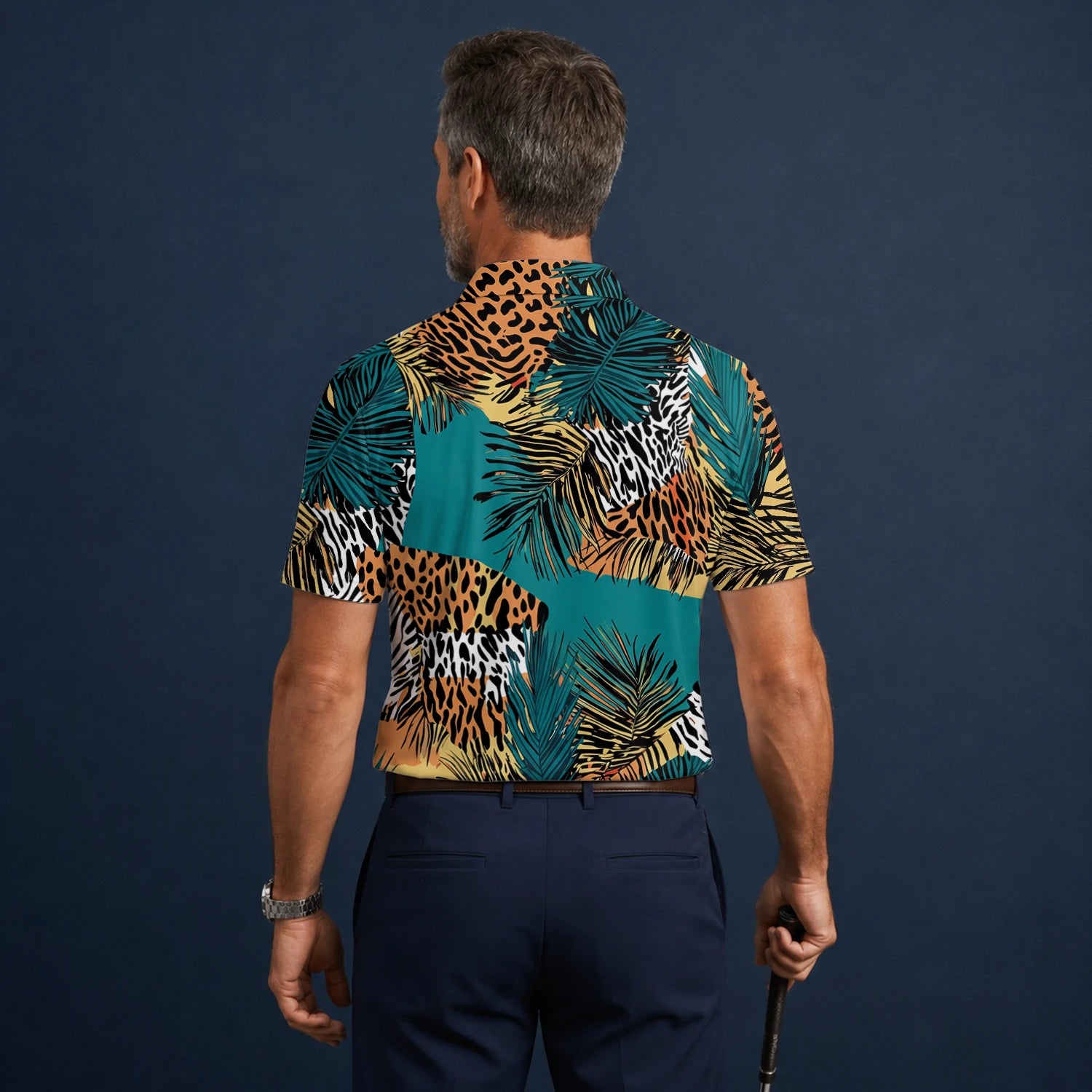Personalised Teal Orange Tropical Palm Animal Print Golf Polo Shirt For Men A7122