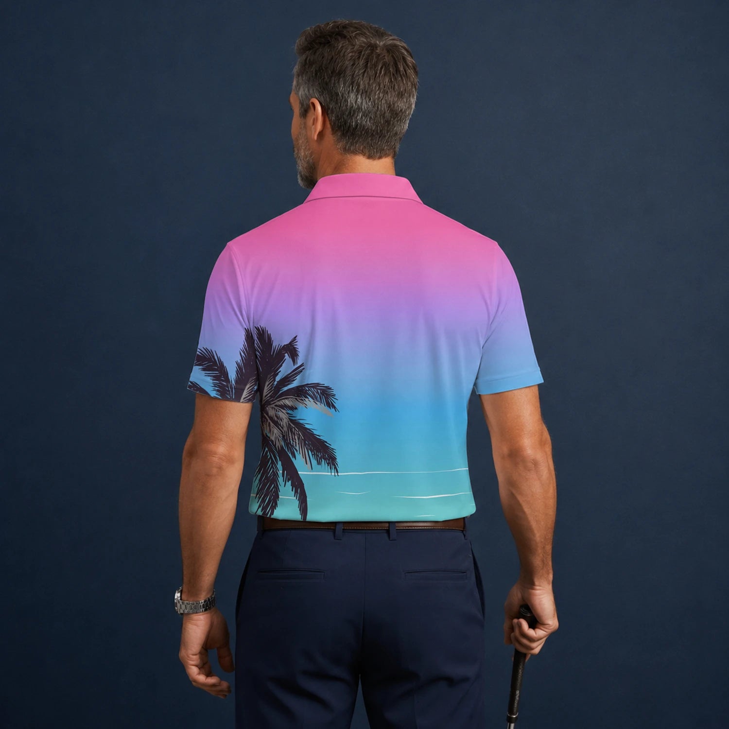 Personalised Pink Blue Palm Beach Sunset Golf Polo Shirt For Men Q3519
