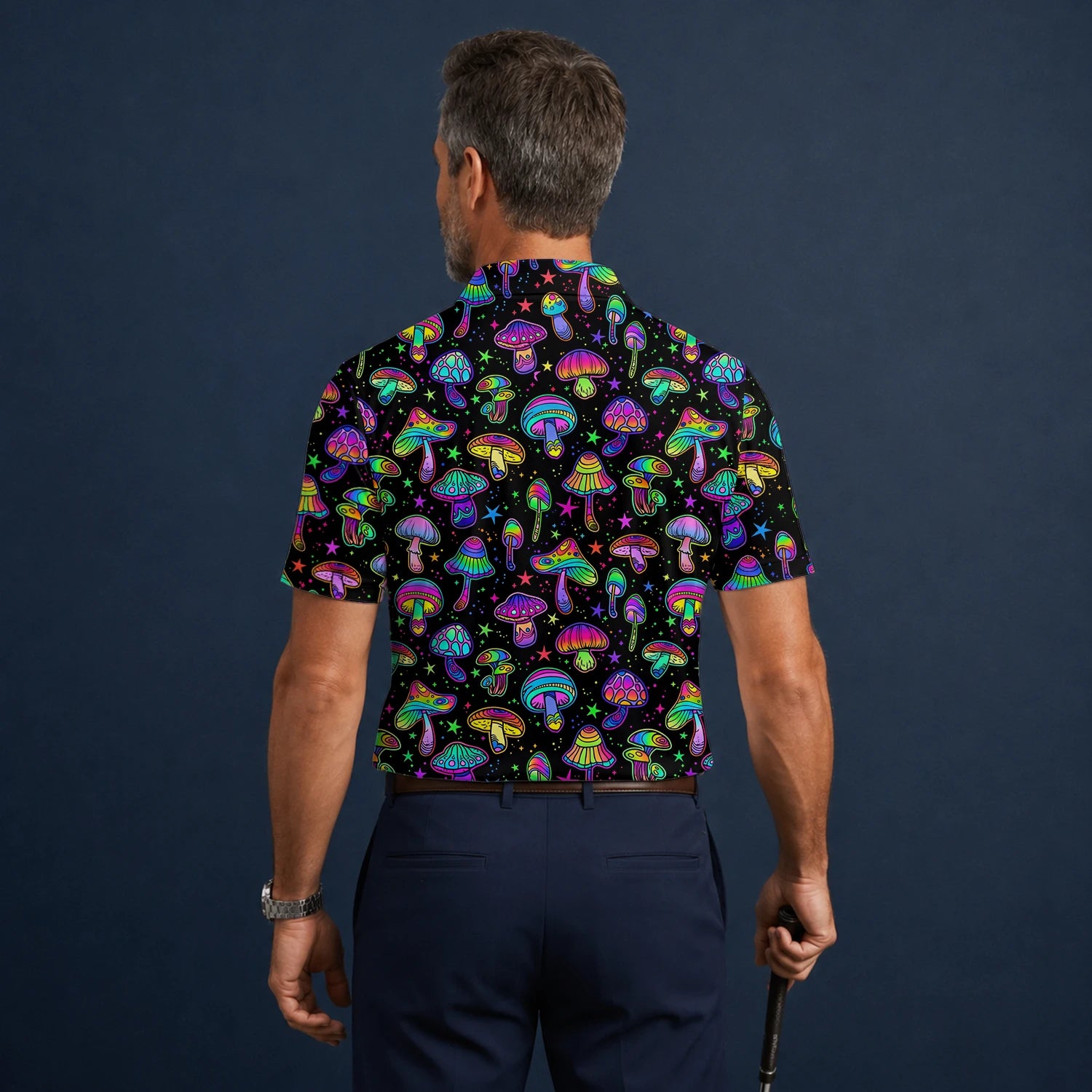 Personalised Black Neon Mushroom Psychedelic Golf Polo Shirt For Men L0182