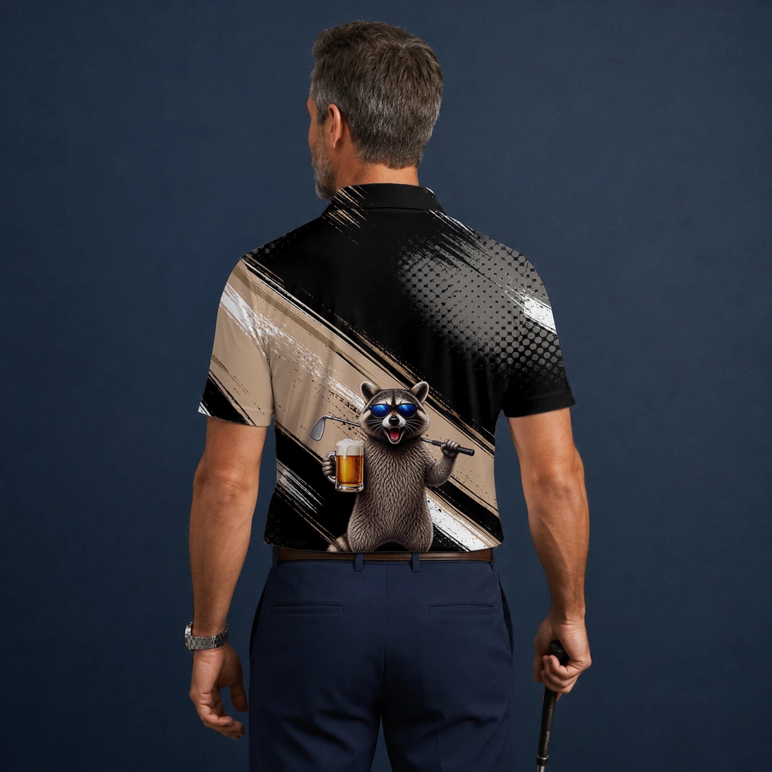 Personalised Black Beige Raccoon Beer Golfer Cartoon Golf Polo Shirt For Men K7921