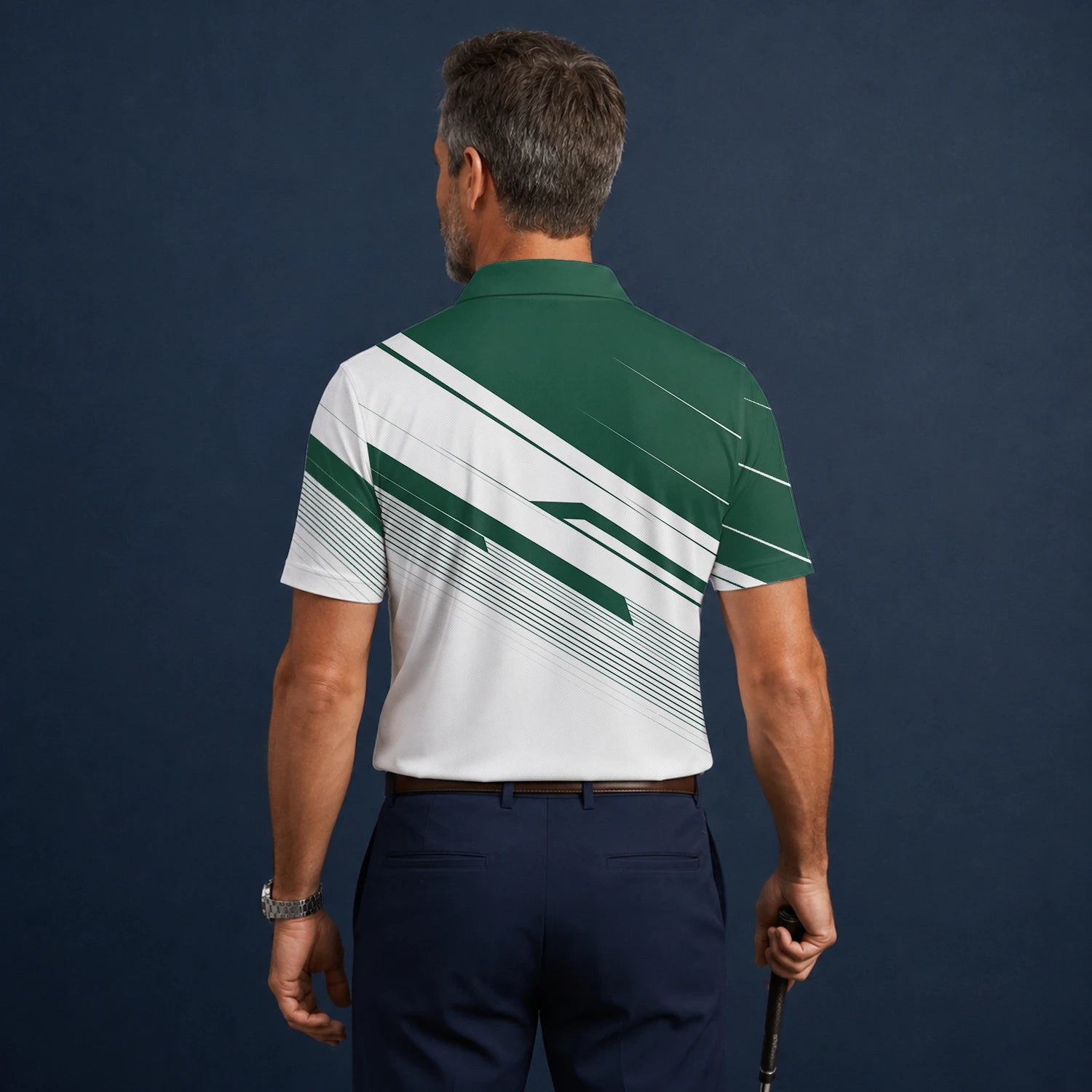Personalised Green White Abstract Stripe Golf Polo Shirt For Men E5041