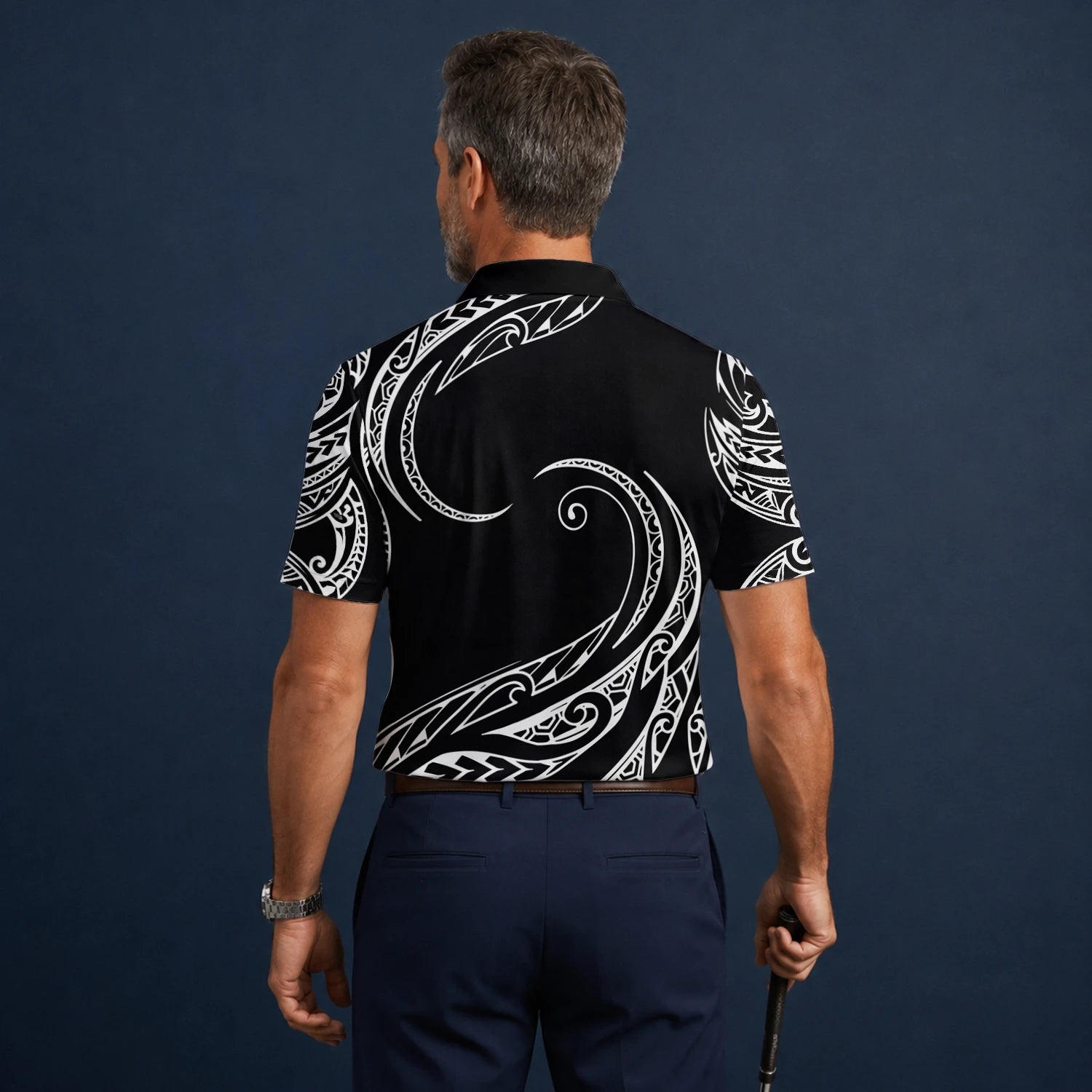 Personalised Black White Tribal Wave Golf Polo Shirt For Men R9560